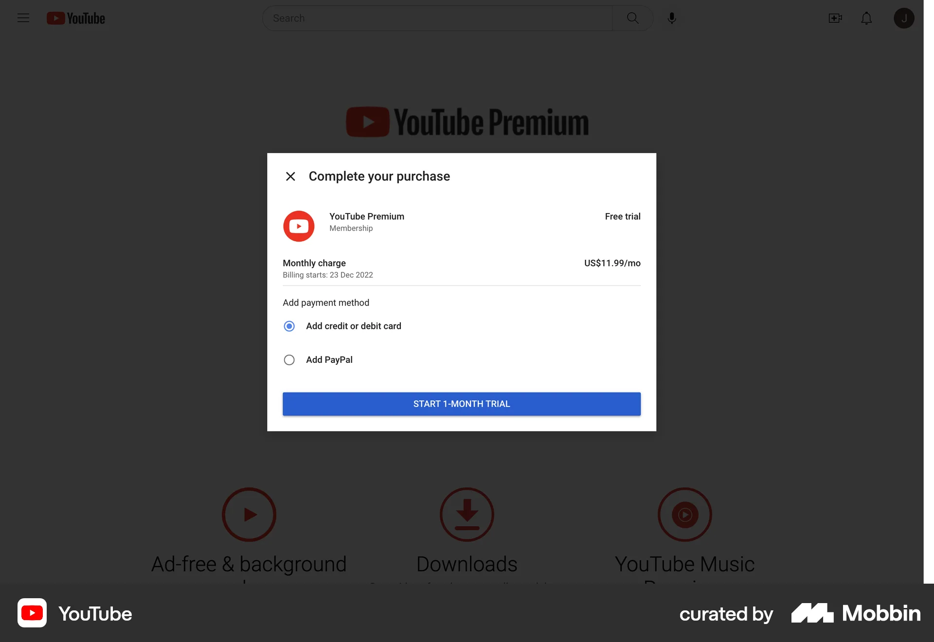 YouTube Web Payment Method screen