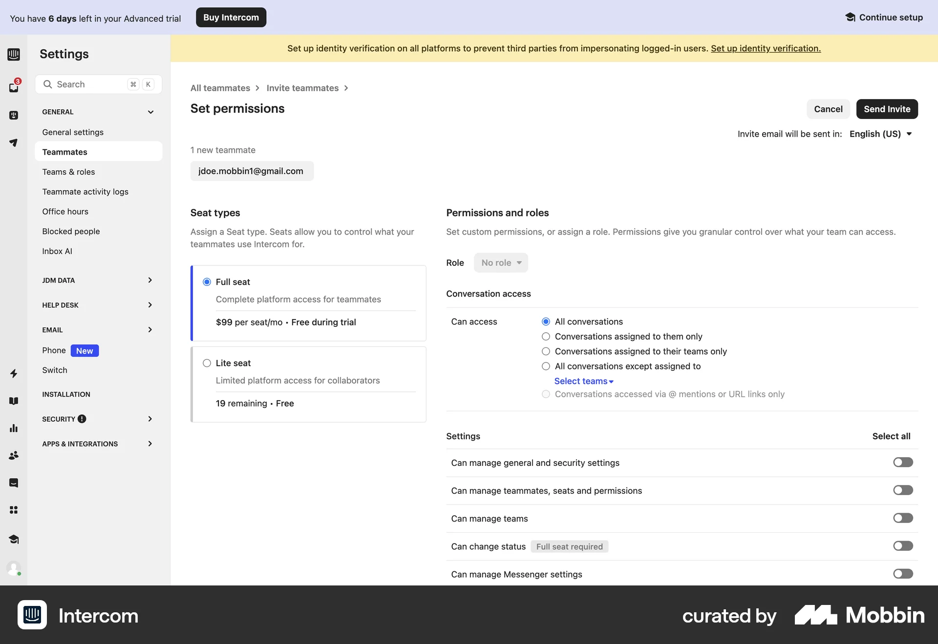 Intercom Web screen containing Radio Button UI element