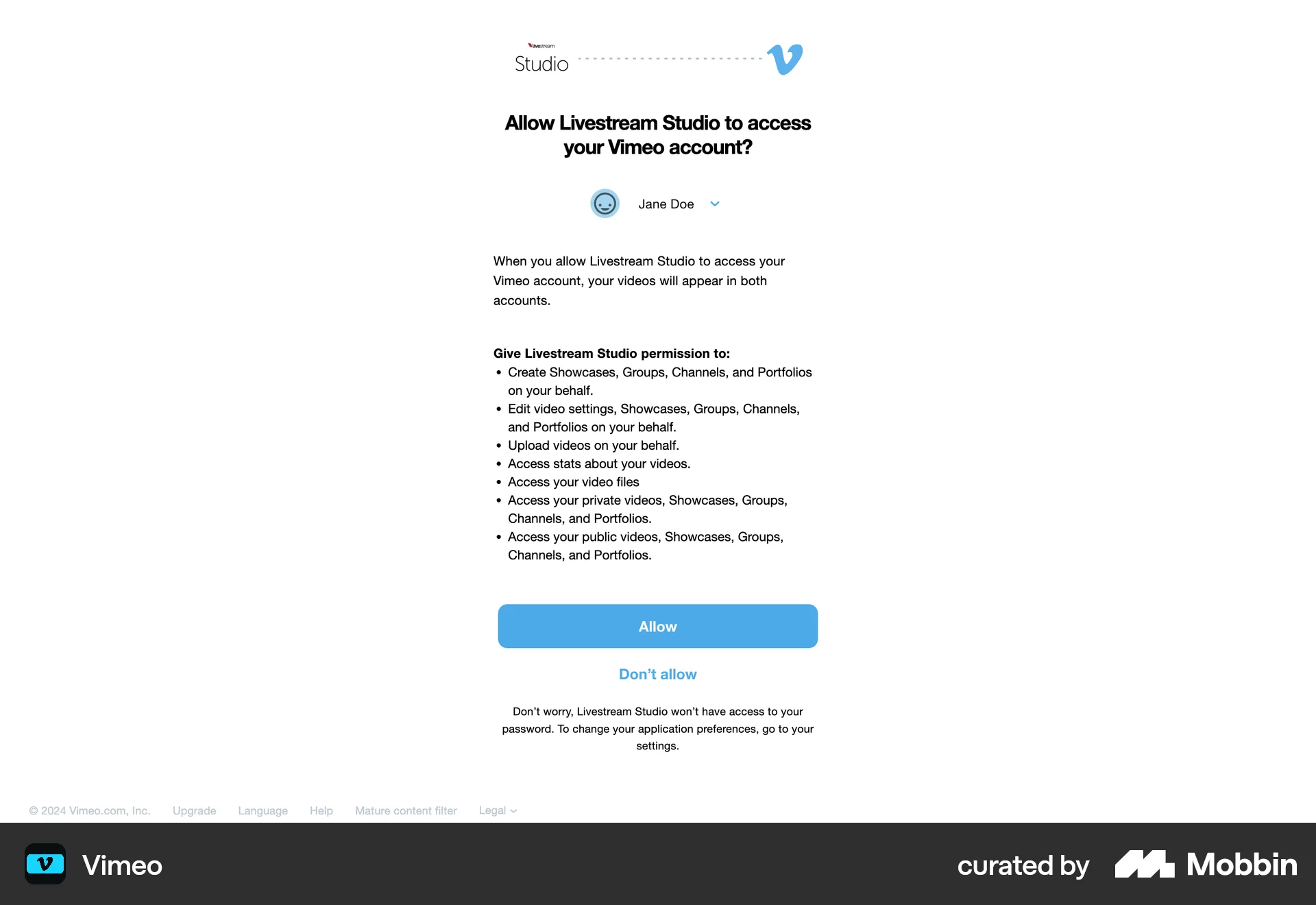 Vimeo Web Permission screen