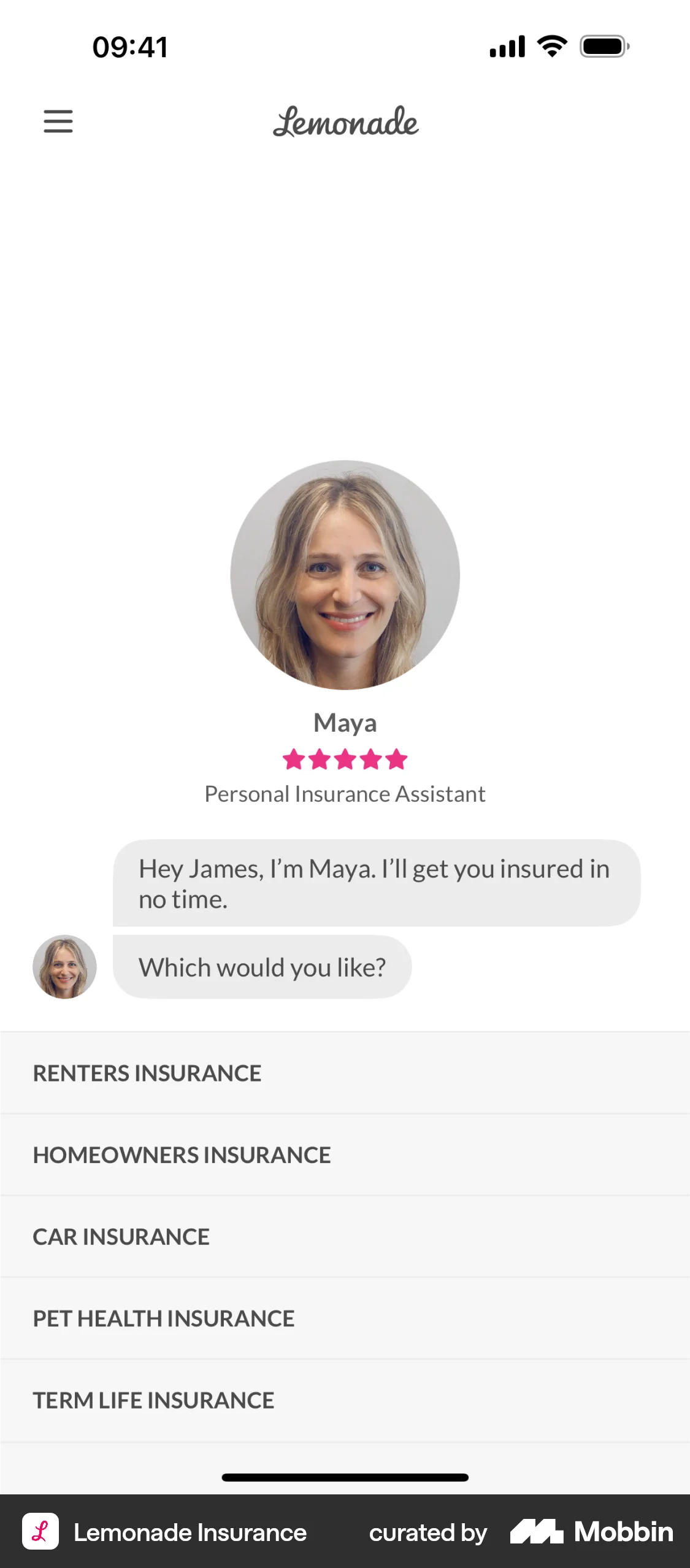 Lemonade Insurance iOS Chat Bot screen
