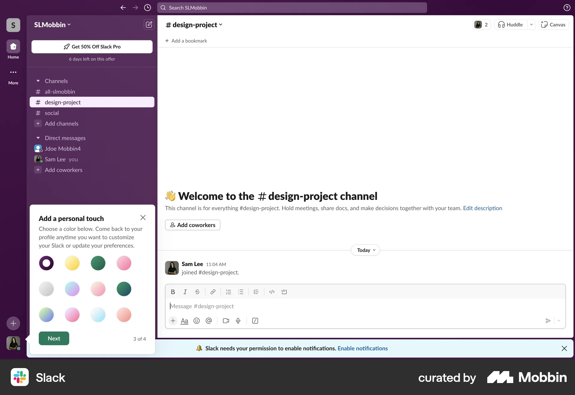 Slack Web screen containing Coach Marks UI element