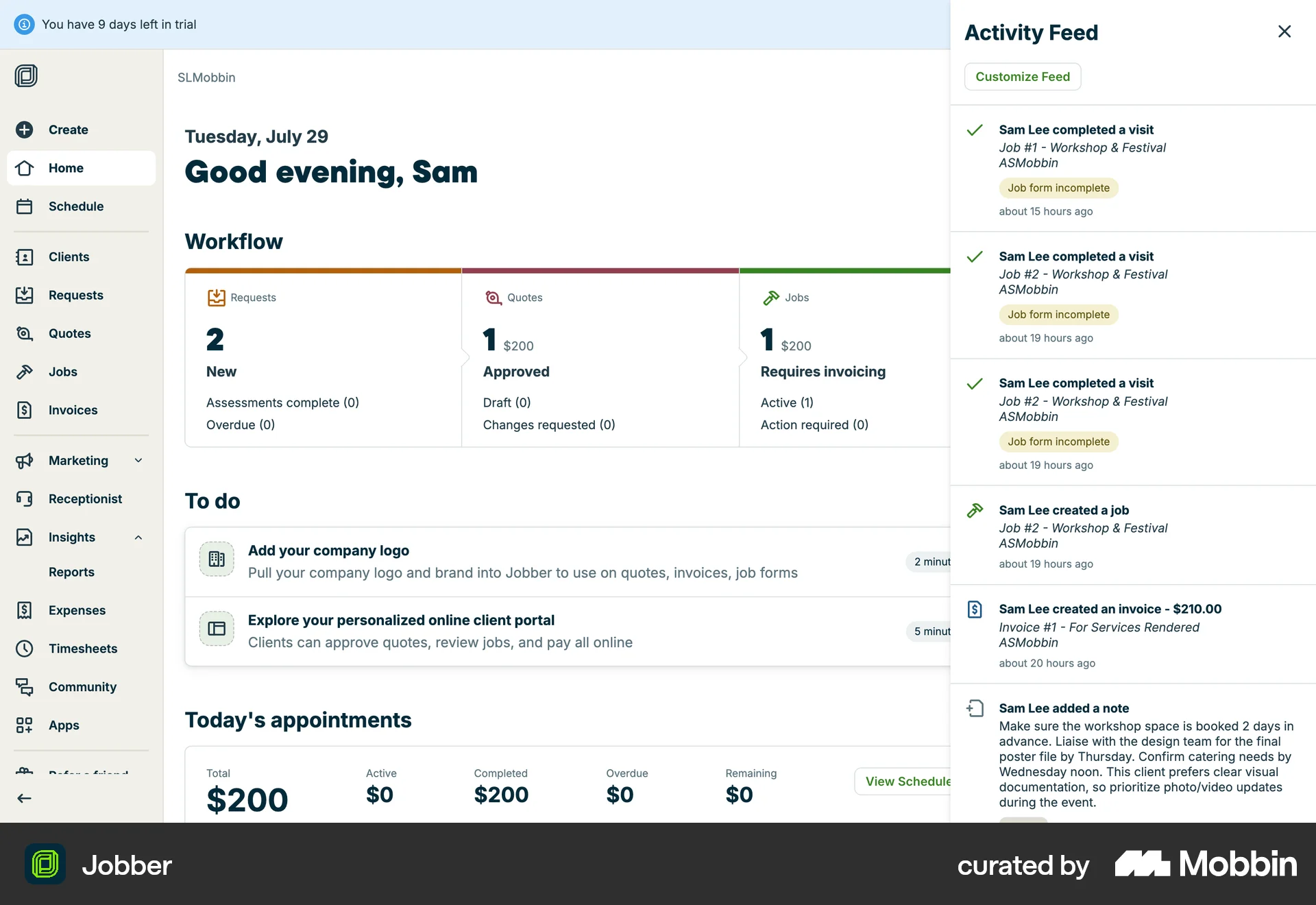 Jobber Web screen containing Drawer UI element