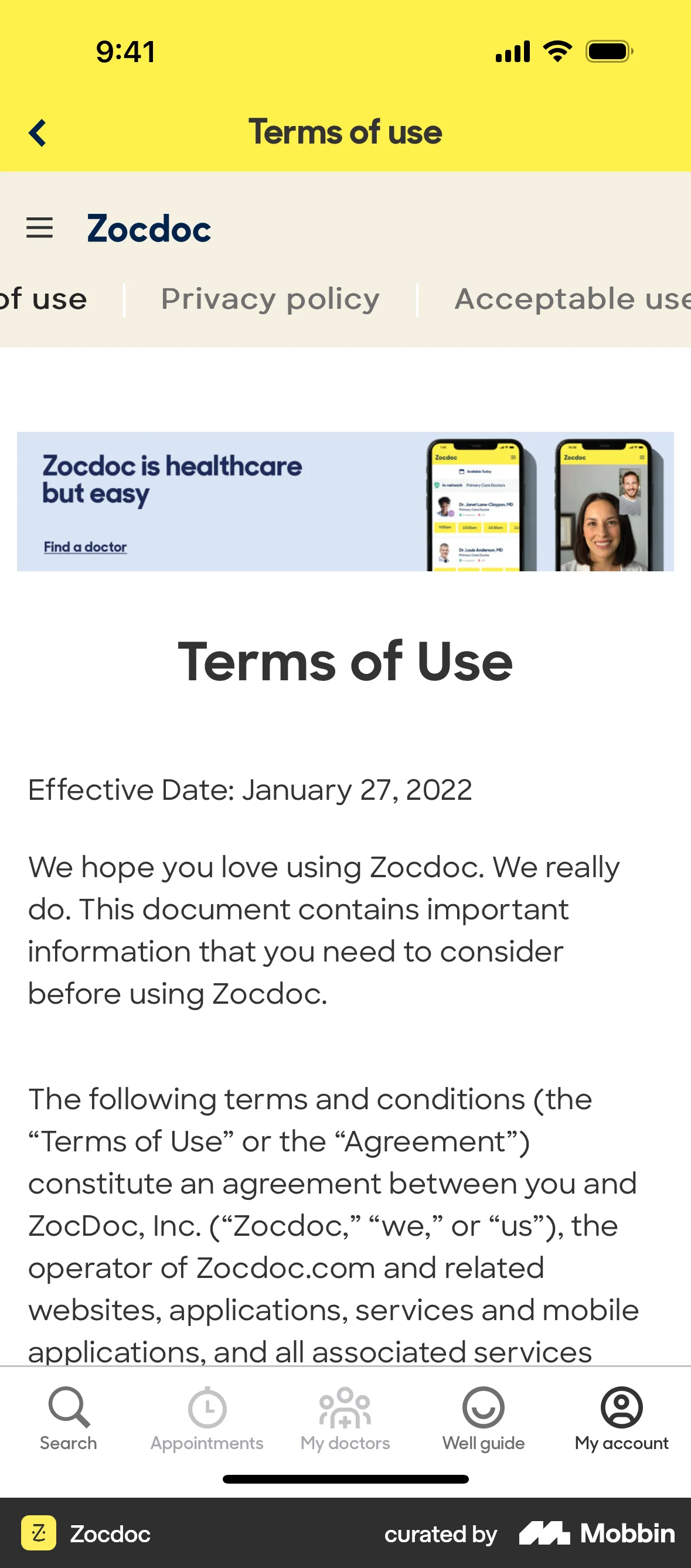Zocdoc iOS Terms & Conditions screen