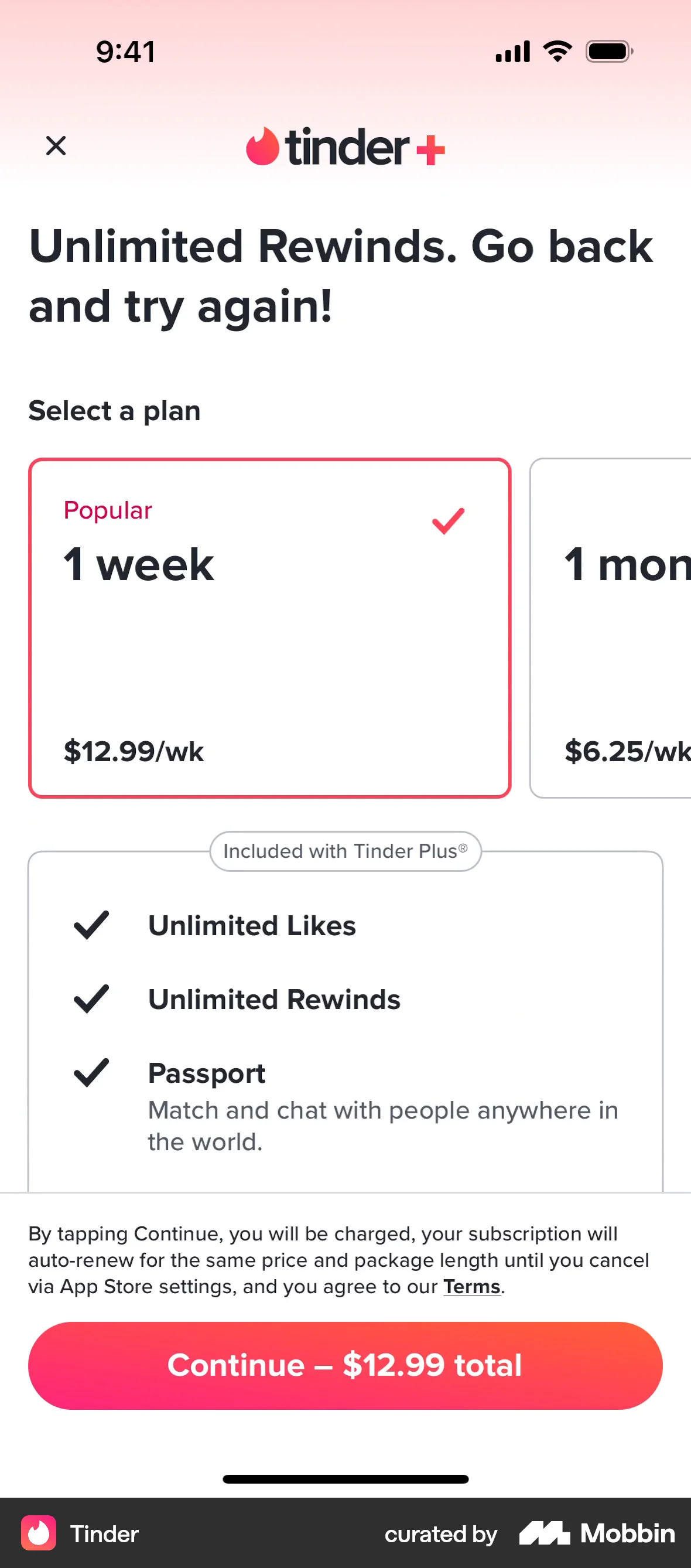 Tinder iOS Subscription & Paywall screen