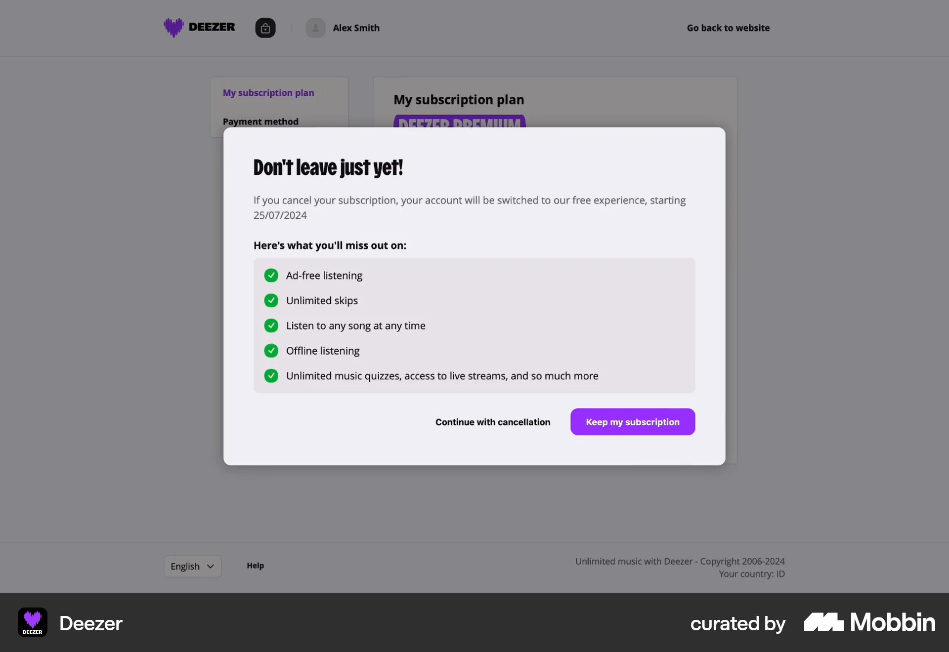 Deezer Web Cancel screen