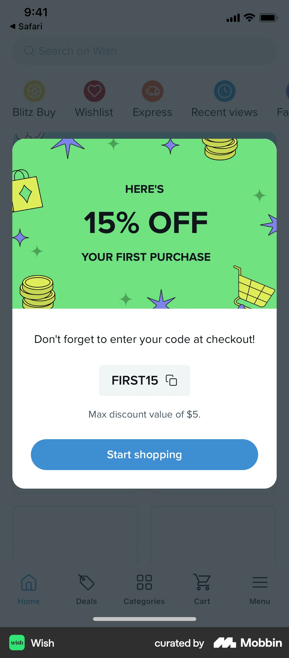 Wish iOS screen containing Dialog UI element
