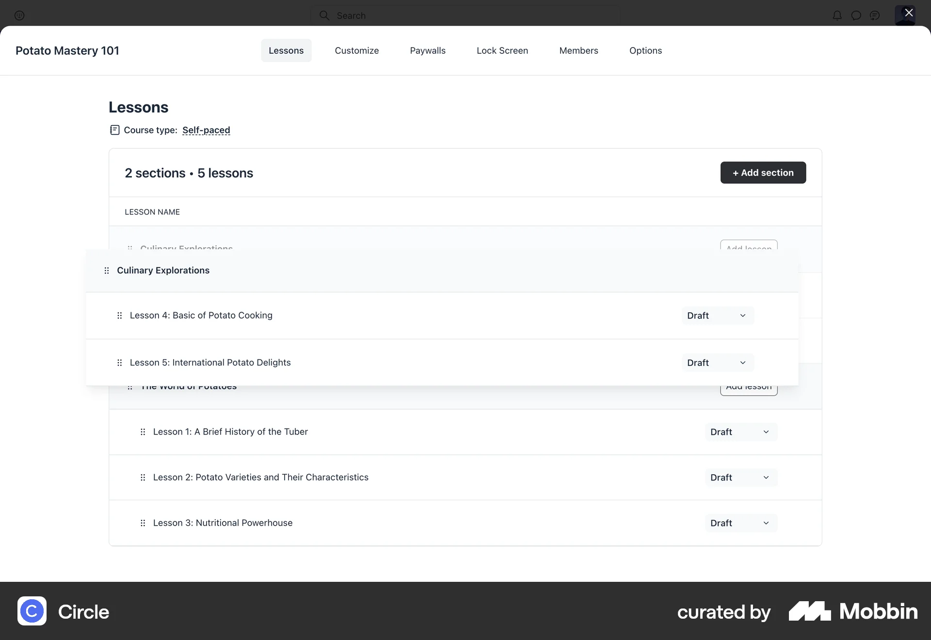 Circle Web Reorder screen