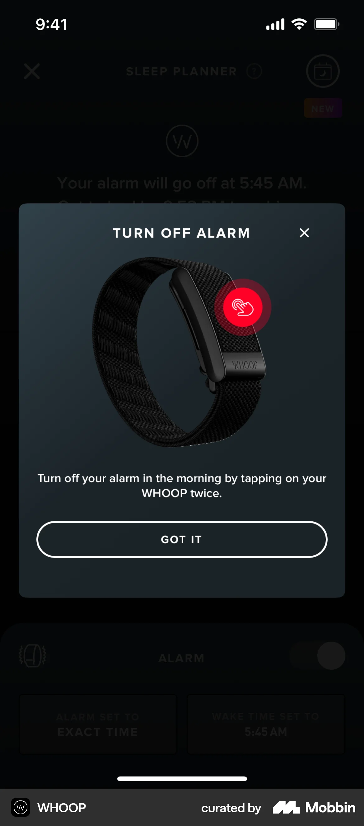 WHOOP iOS screen containing Dialog UI element