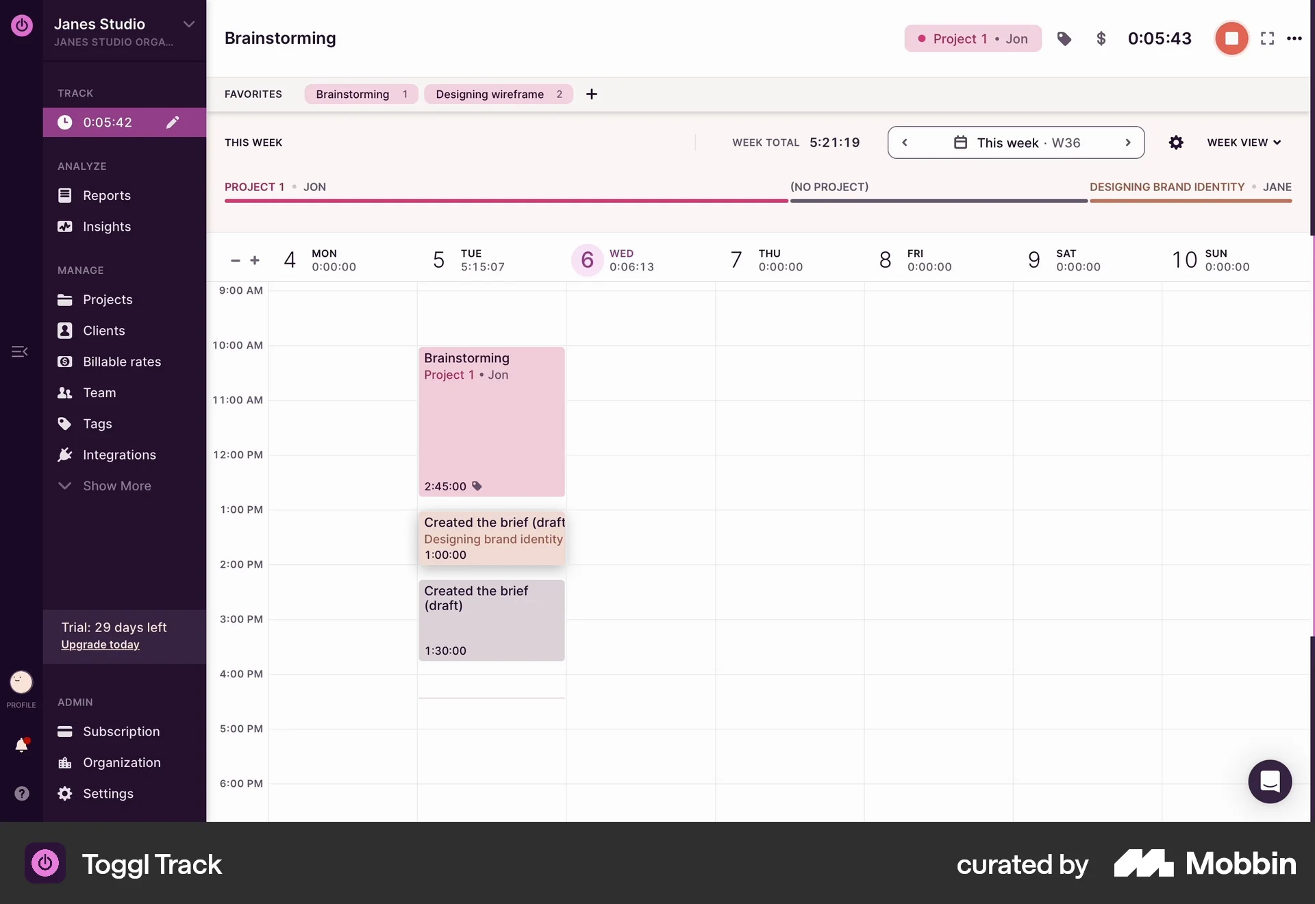 Toggl Track Web screen containing Side Navigation UI element