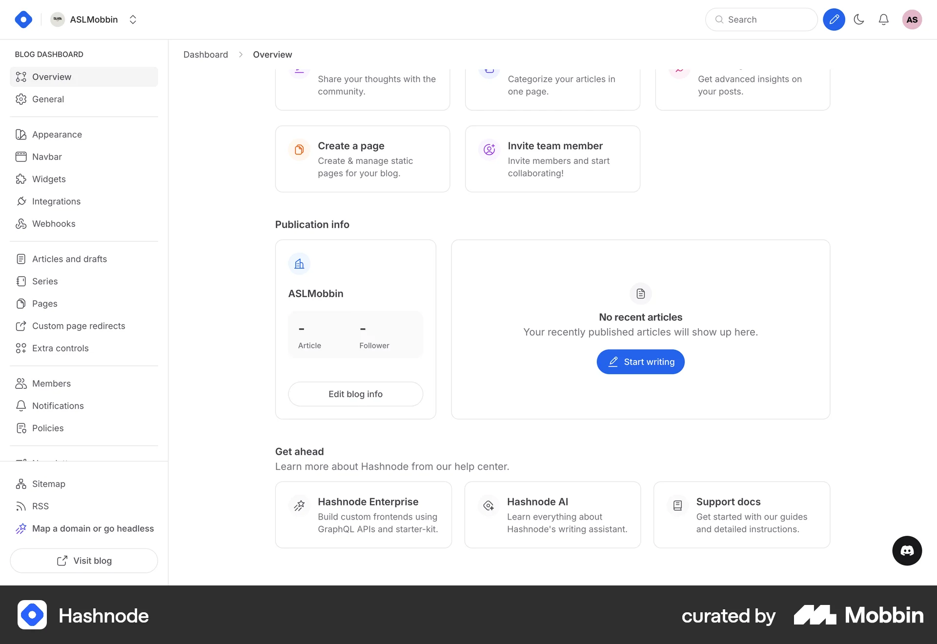Hashnode Web Admin Dashboard screen