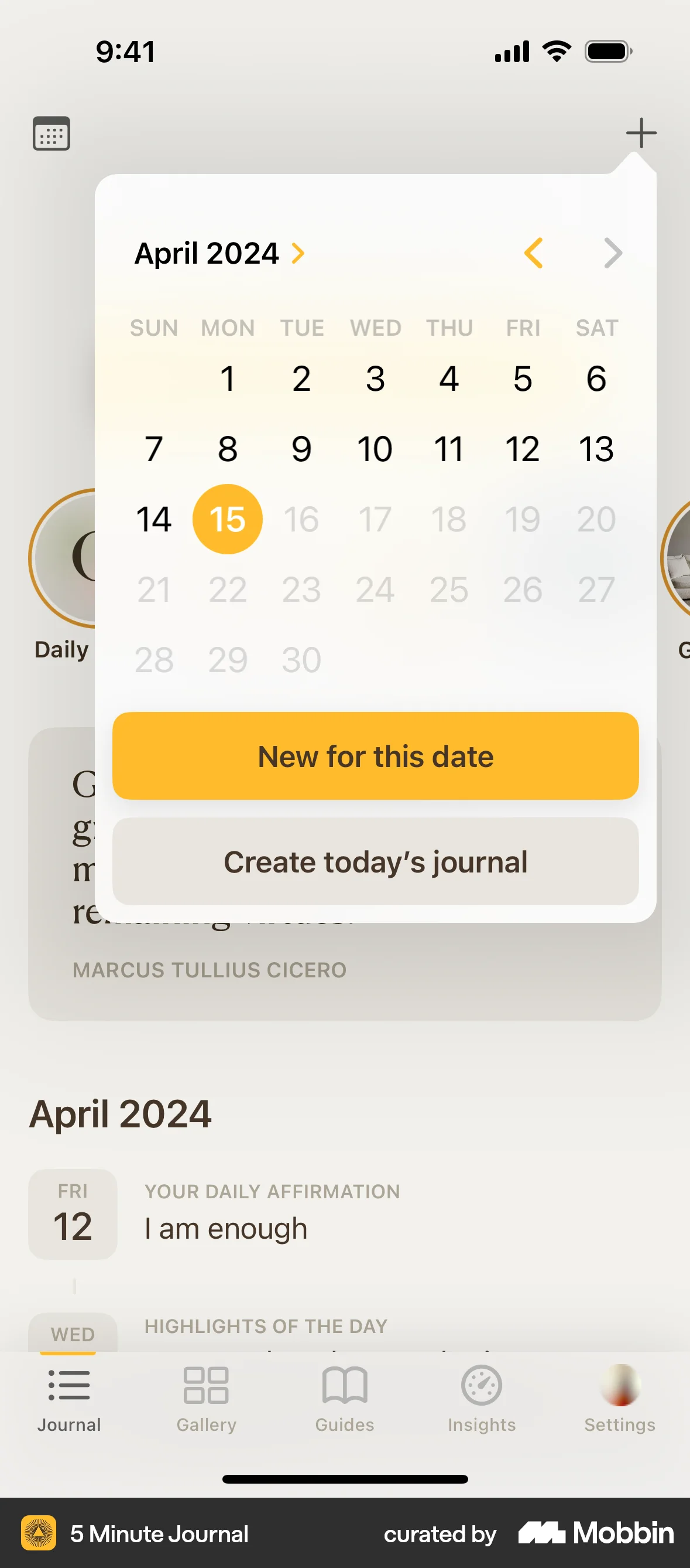 5 Minute Journal iOS Calendar screen