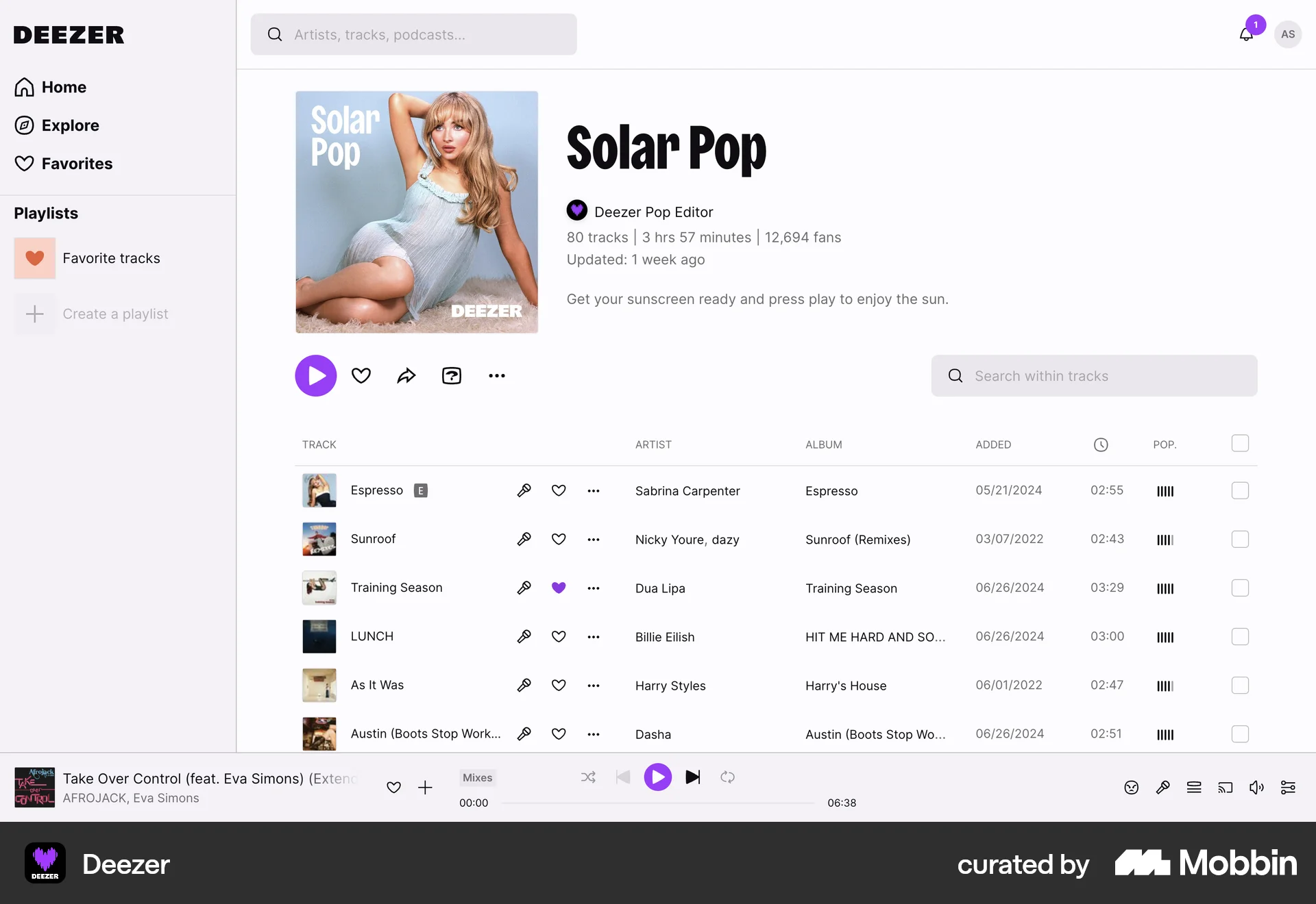 Deezer Web Playlists screen