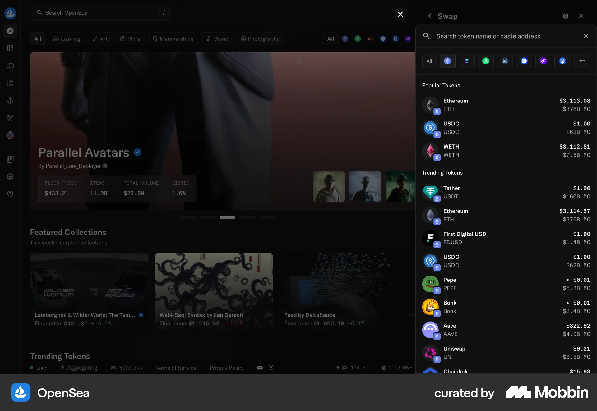 OpenSea Web screen containing Drawer UI element
