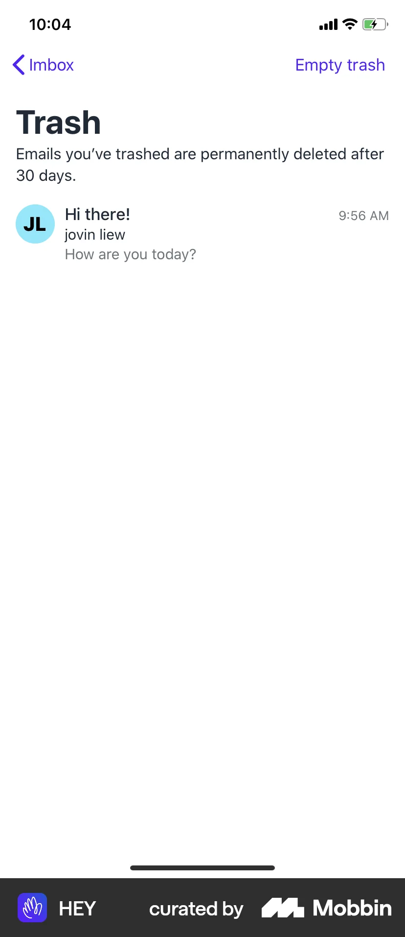 HEY iOS Trash & Archive screen