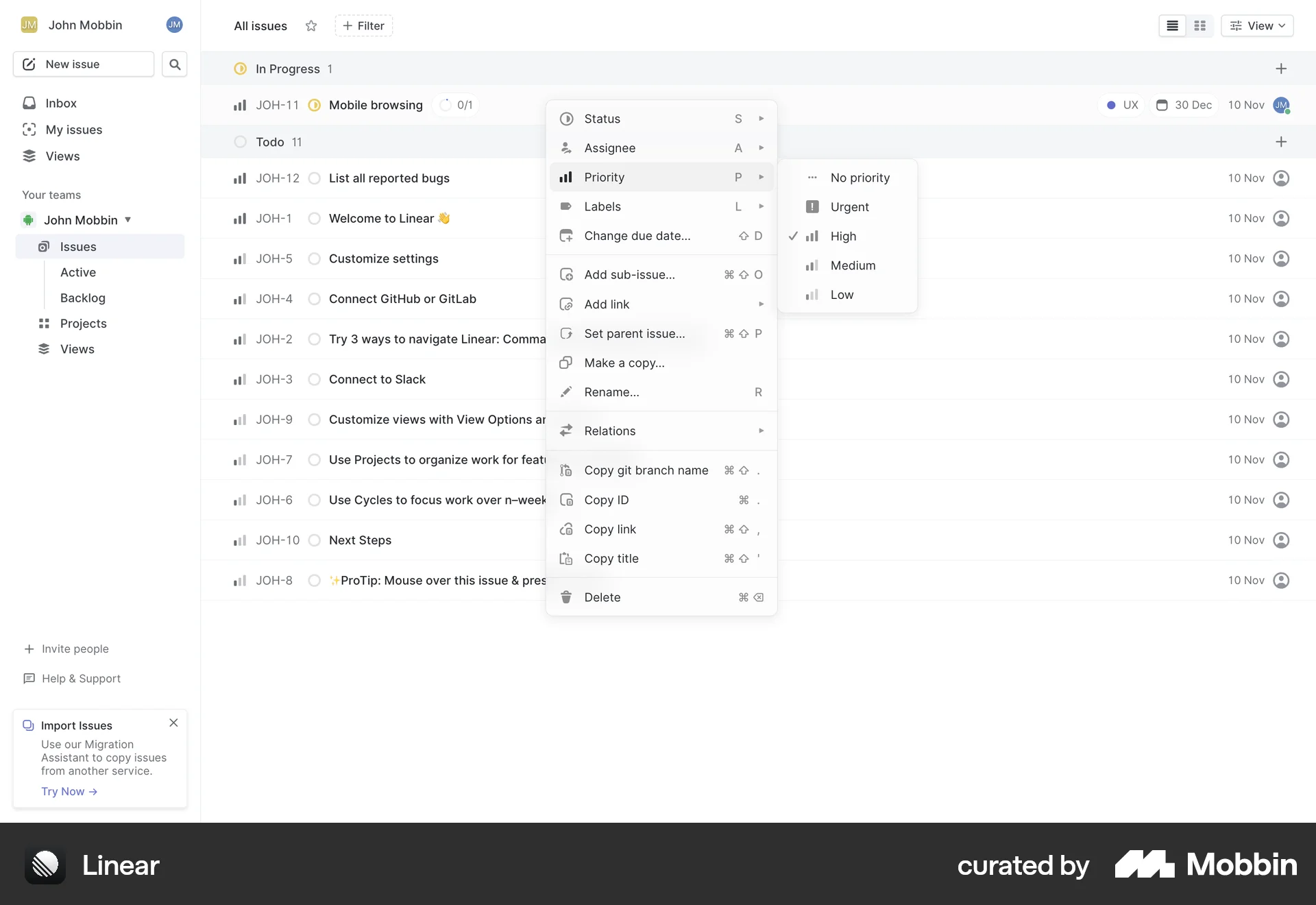 Linear Web screen containing Context Menu UI element