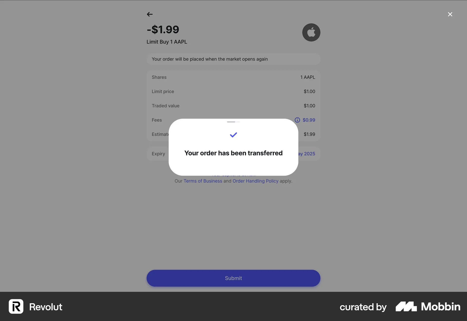 Revolut Web Order Confirmation screen