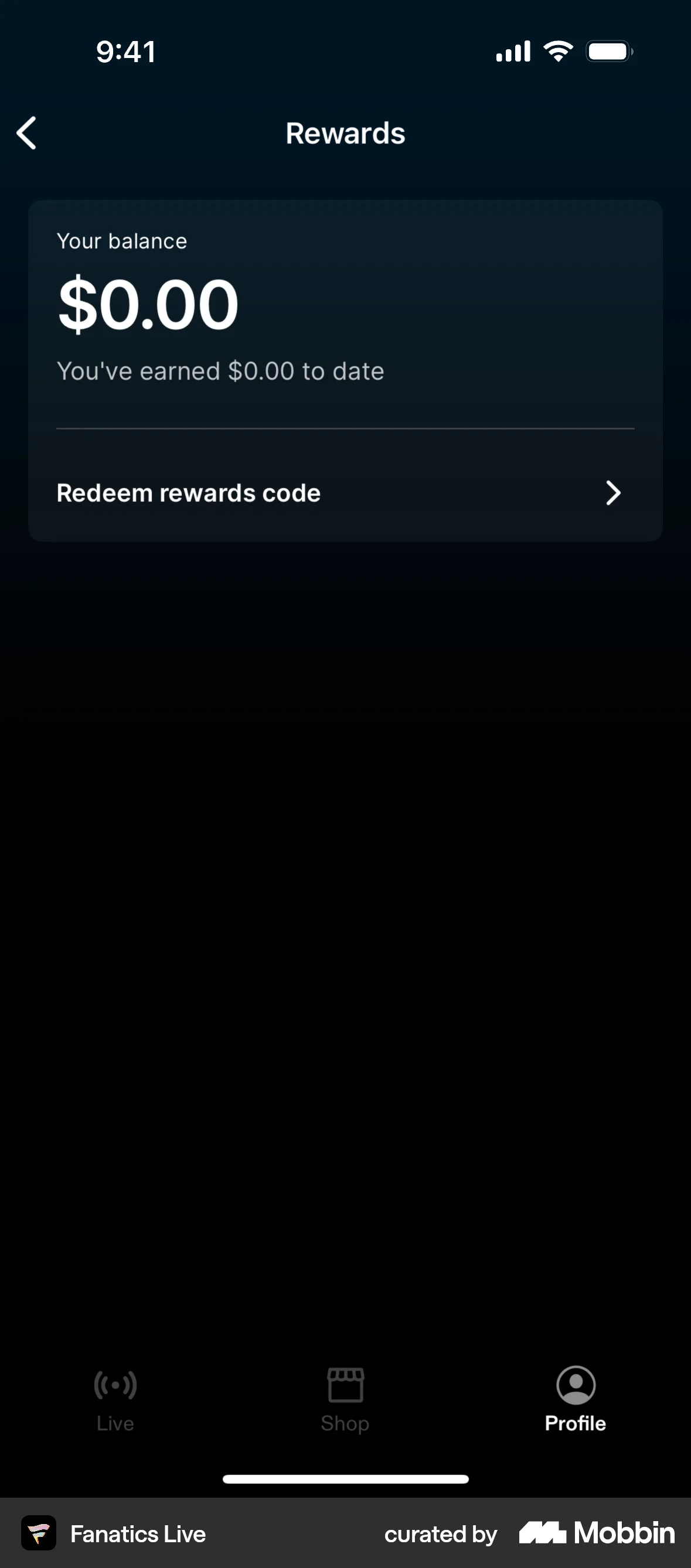Fanatics Live iOS Wallet & Balance screen