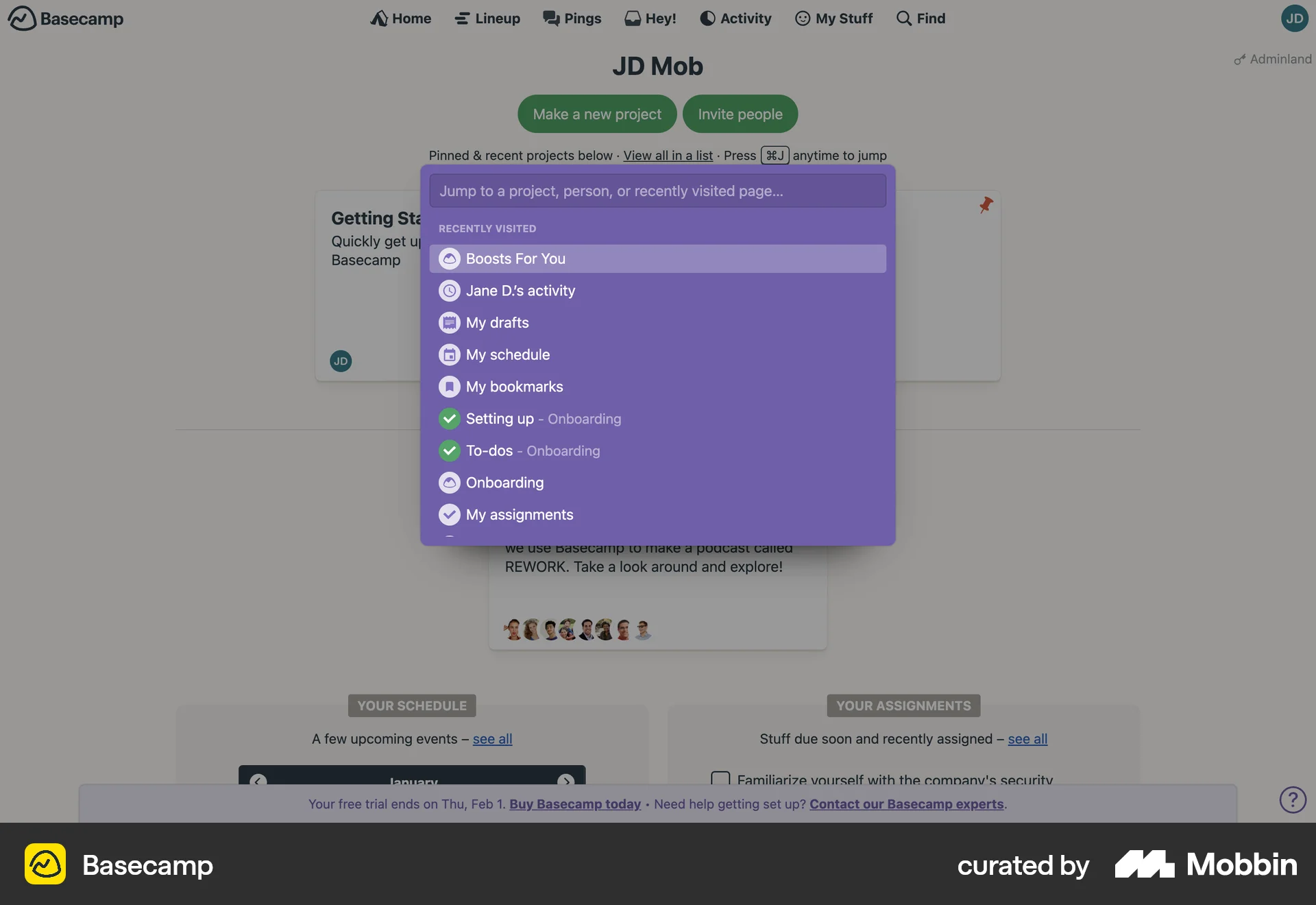 Basecamp Web Command Palette screen
