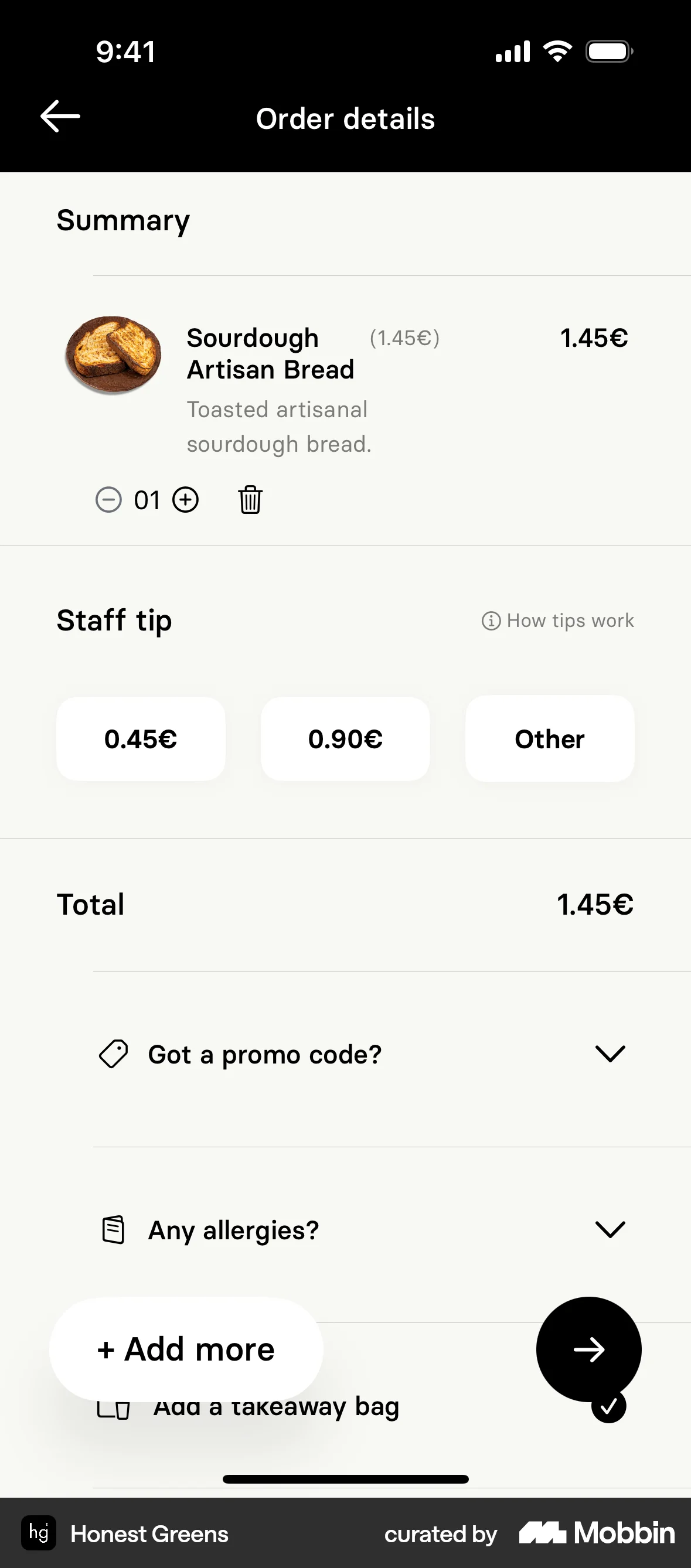 Honest Greens iOS Checkout screen
