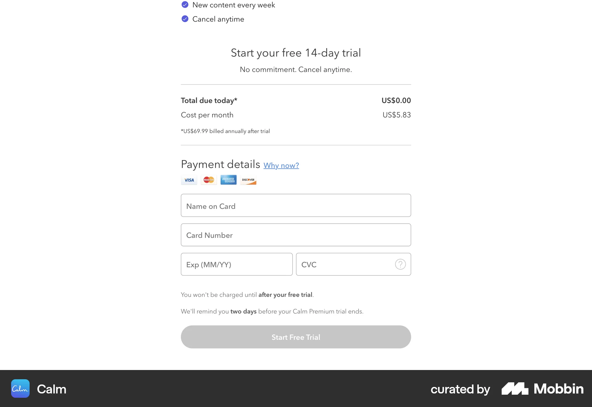 Calm Web Checkout screen