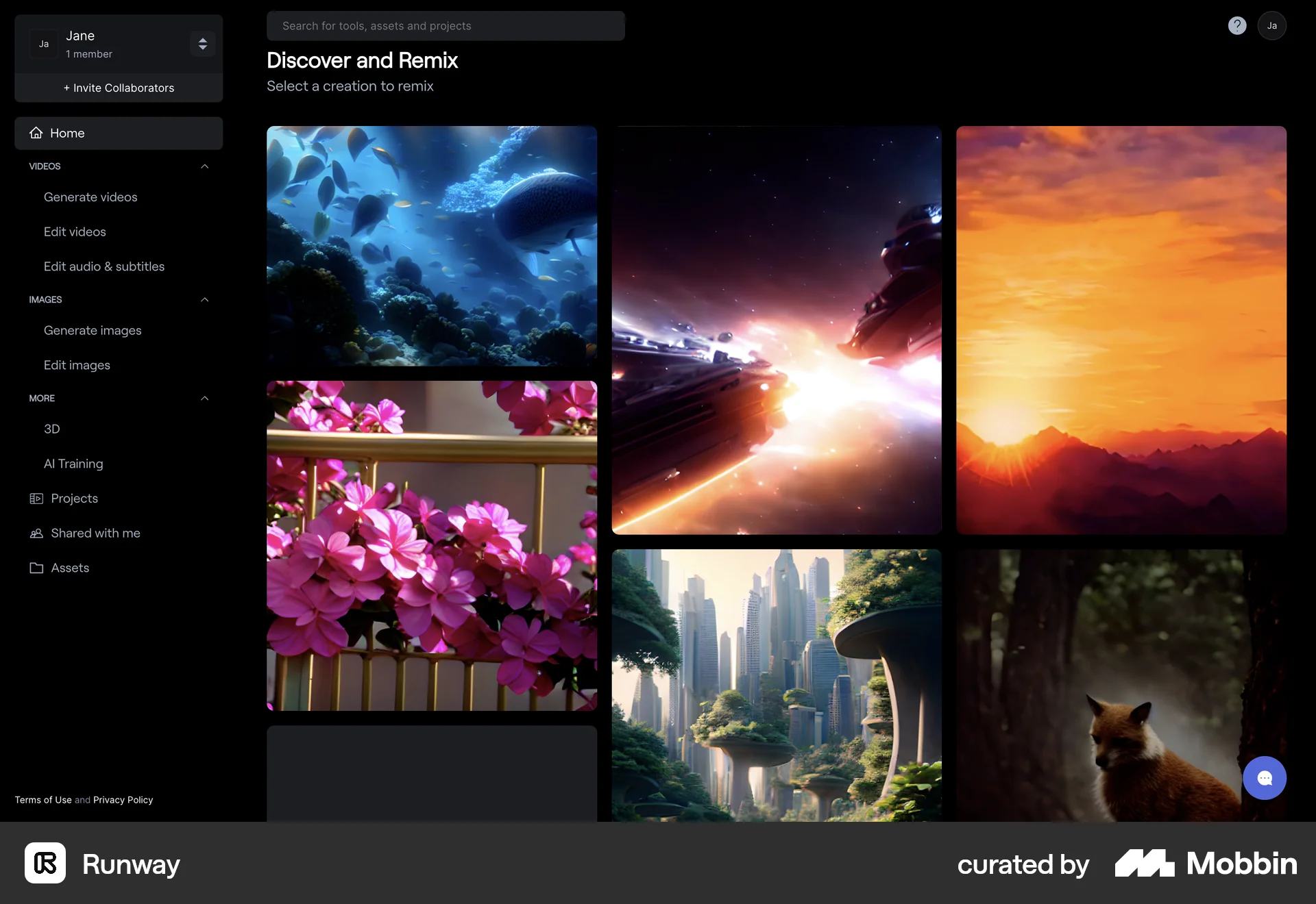 Runway Web screen containing Gallery UI element
