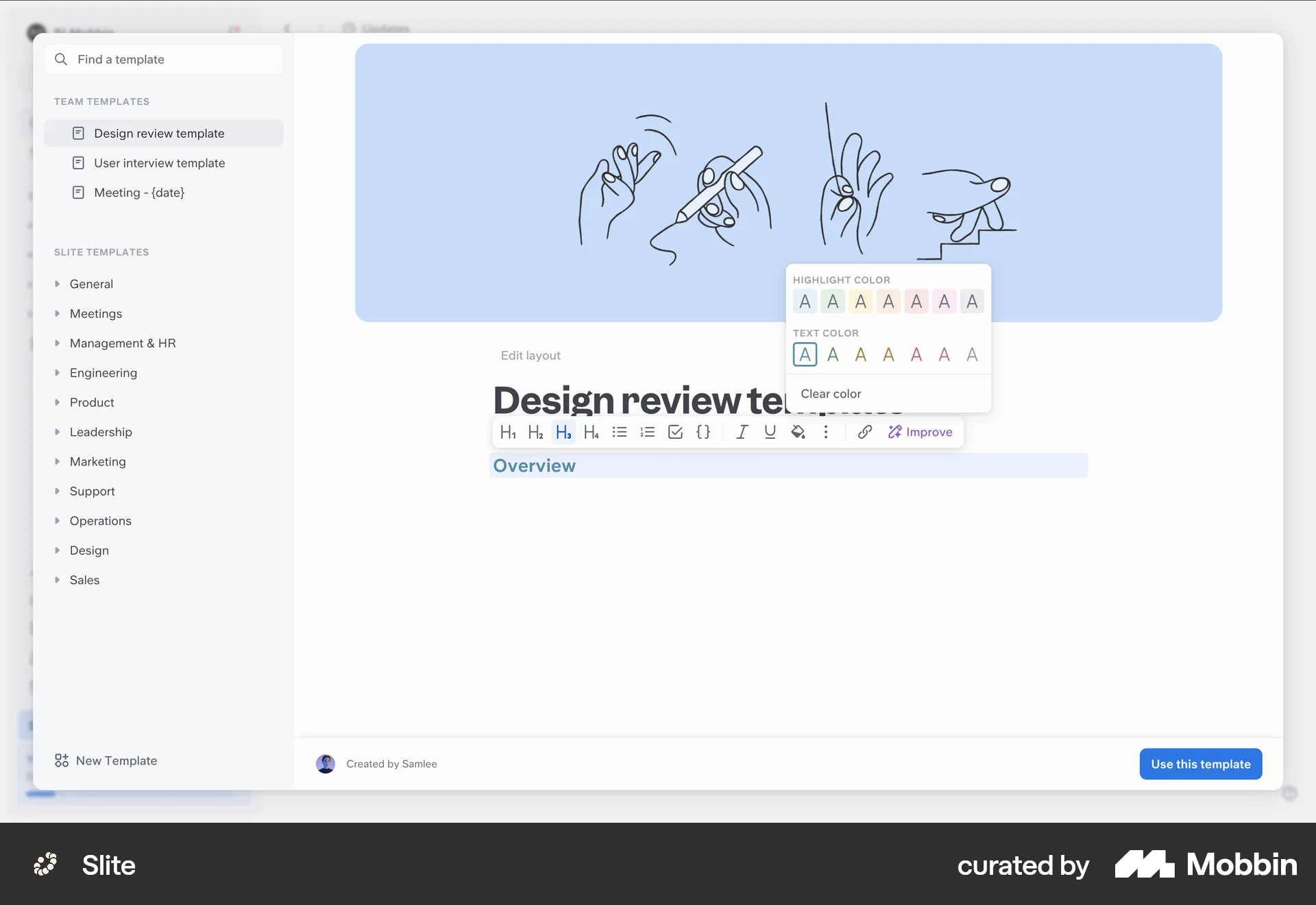Slite Web screen containing Color Picker UI element