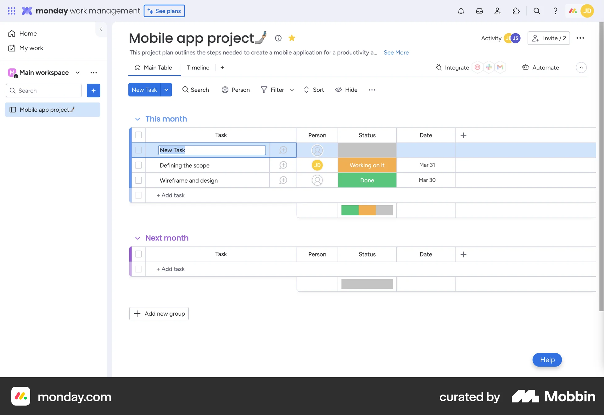 monday.com Web screen containing Editable Text UI element