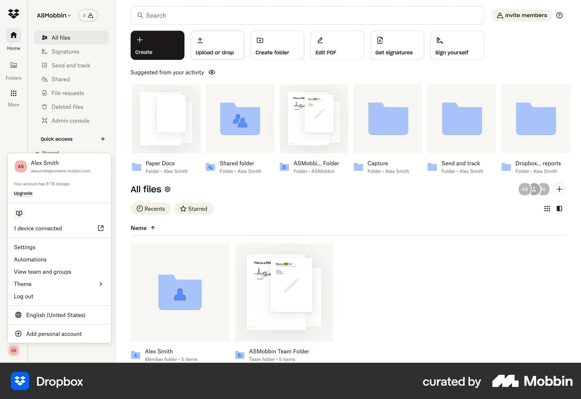 Dropbox Web screen containing Dropdown Menu UI element