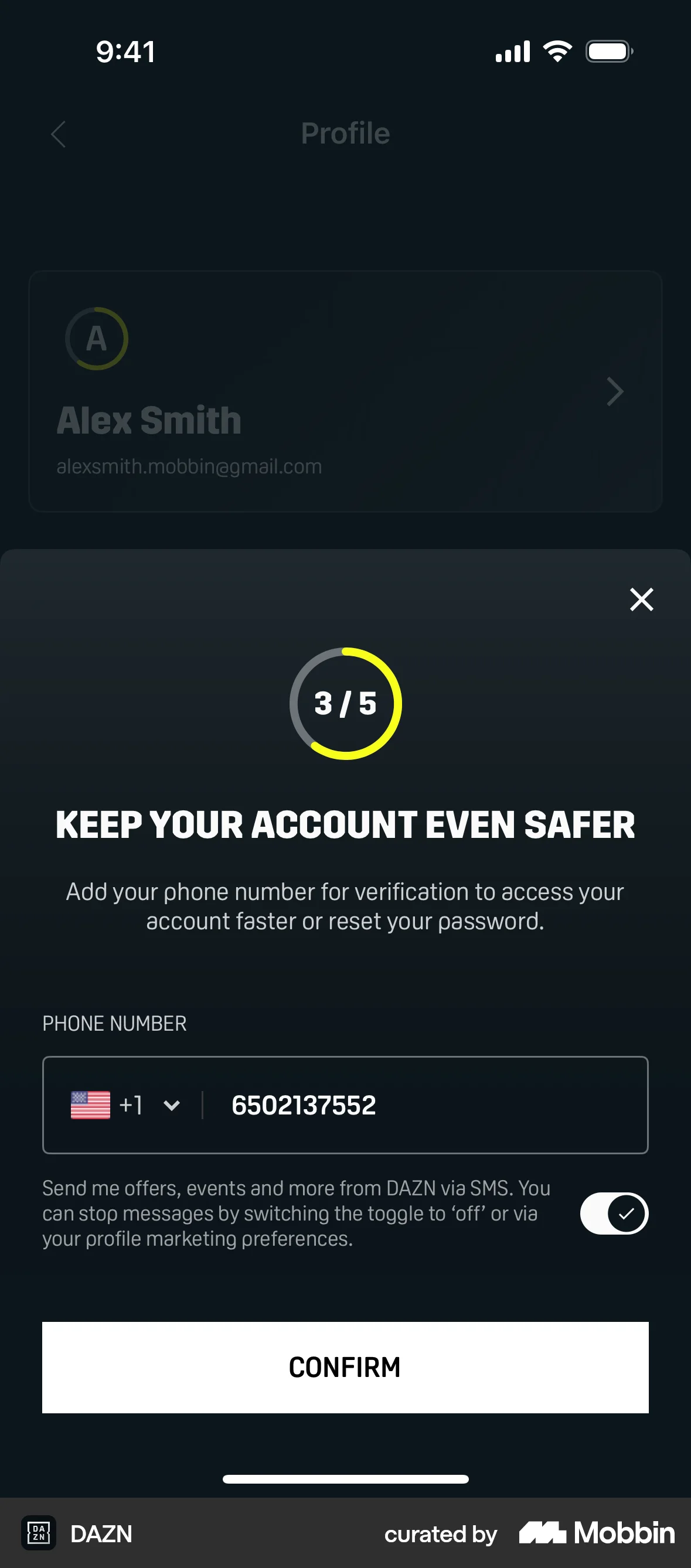 DAZN iOS Account Setup screen
