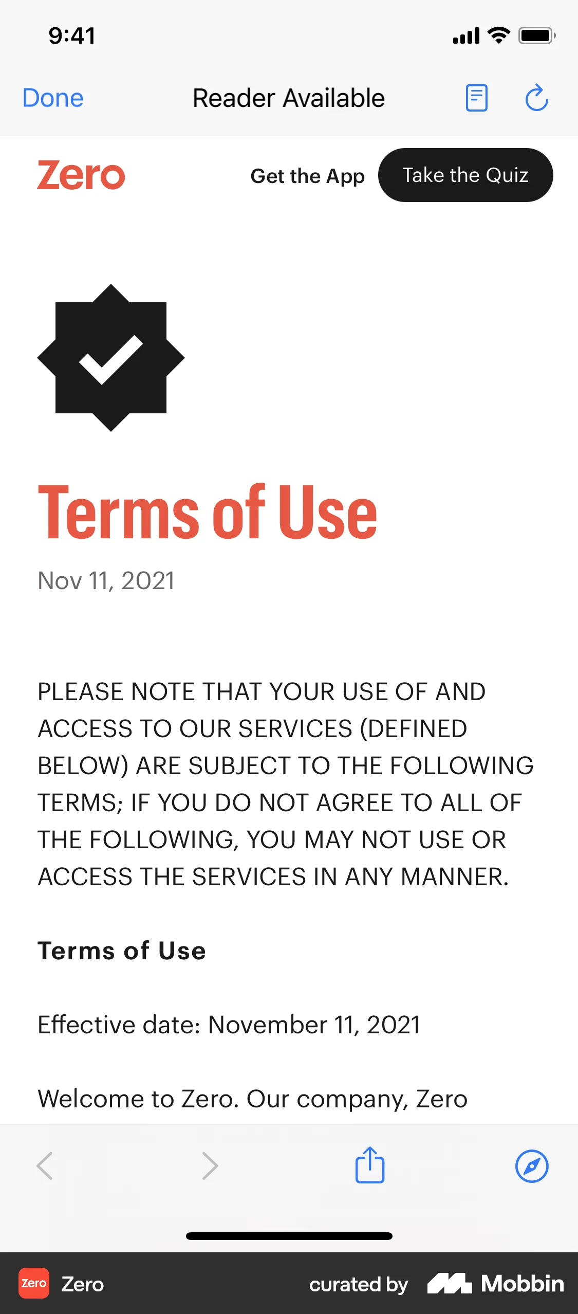 Zero iOS Terms & Conditions screen