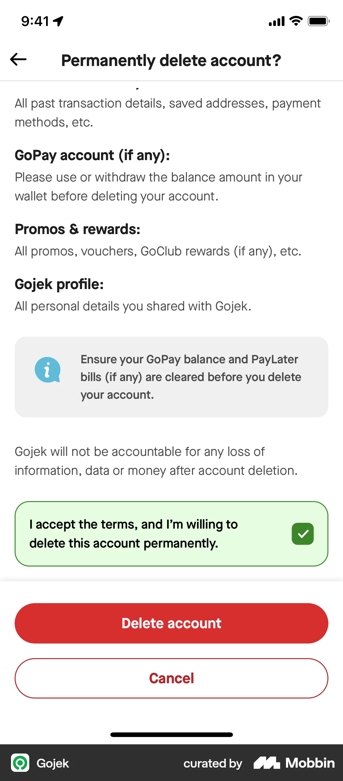 Gojek iOS Delete screen