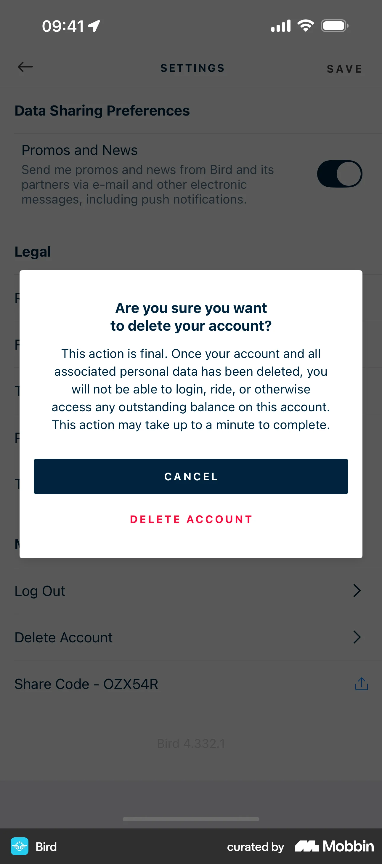 Bird iOS Delete & Deactivate Account screen