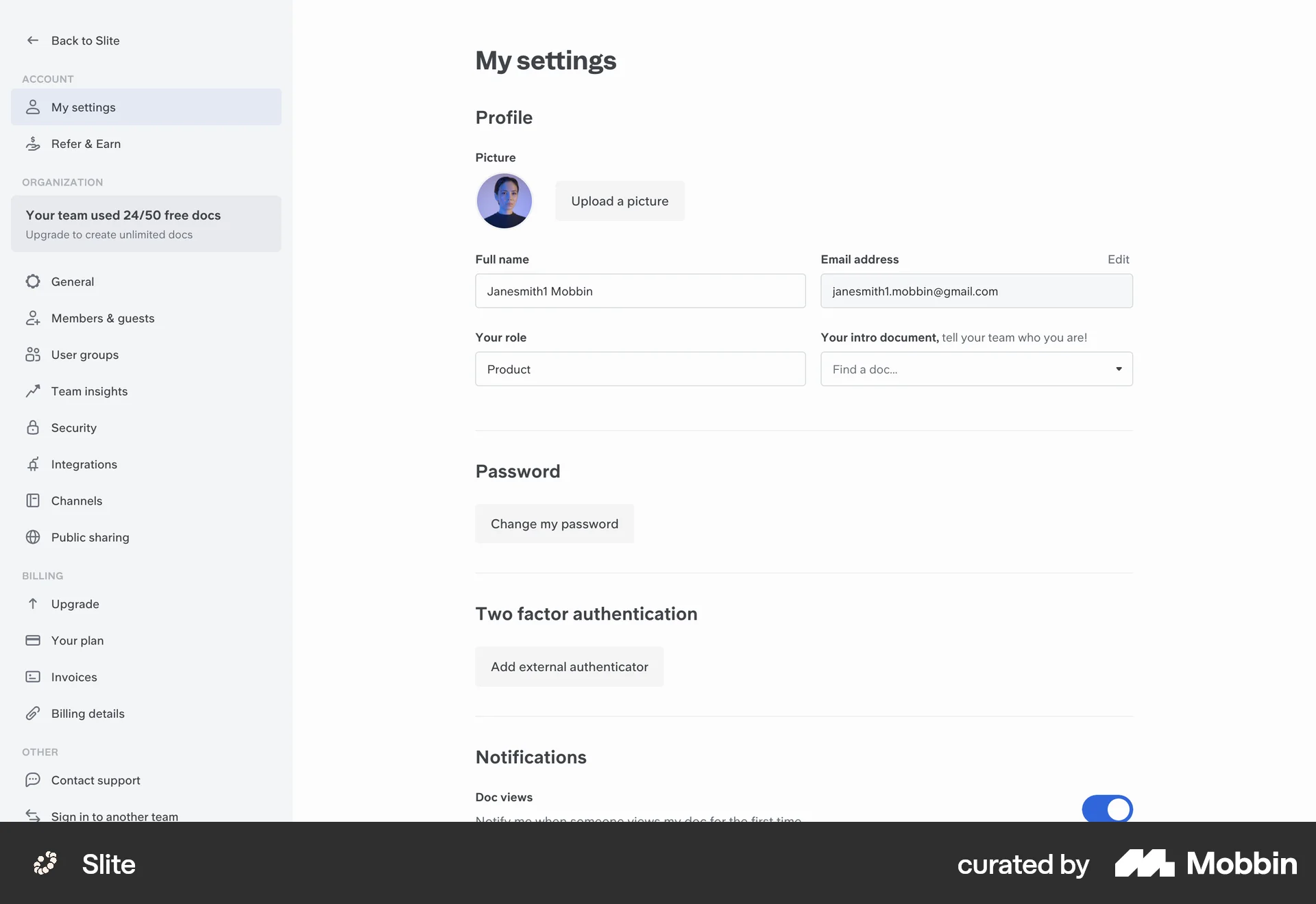 Slite Web My Account & Profile screen
