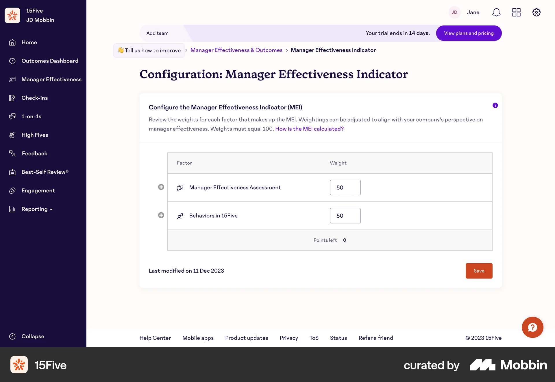 15Five Web screen containing Breadcrumbs UI element