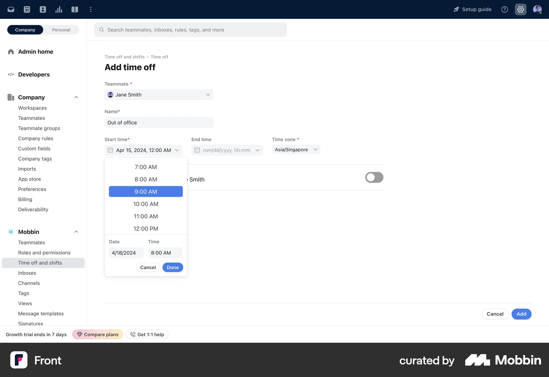Front Web screen containing Time Picker UI element