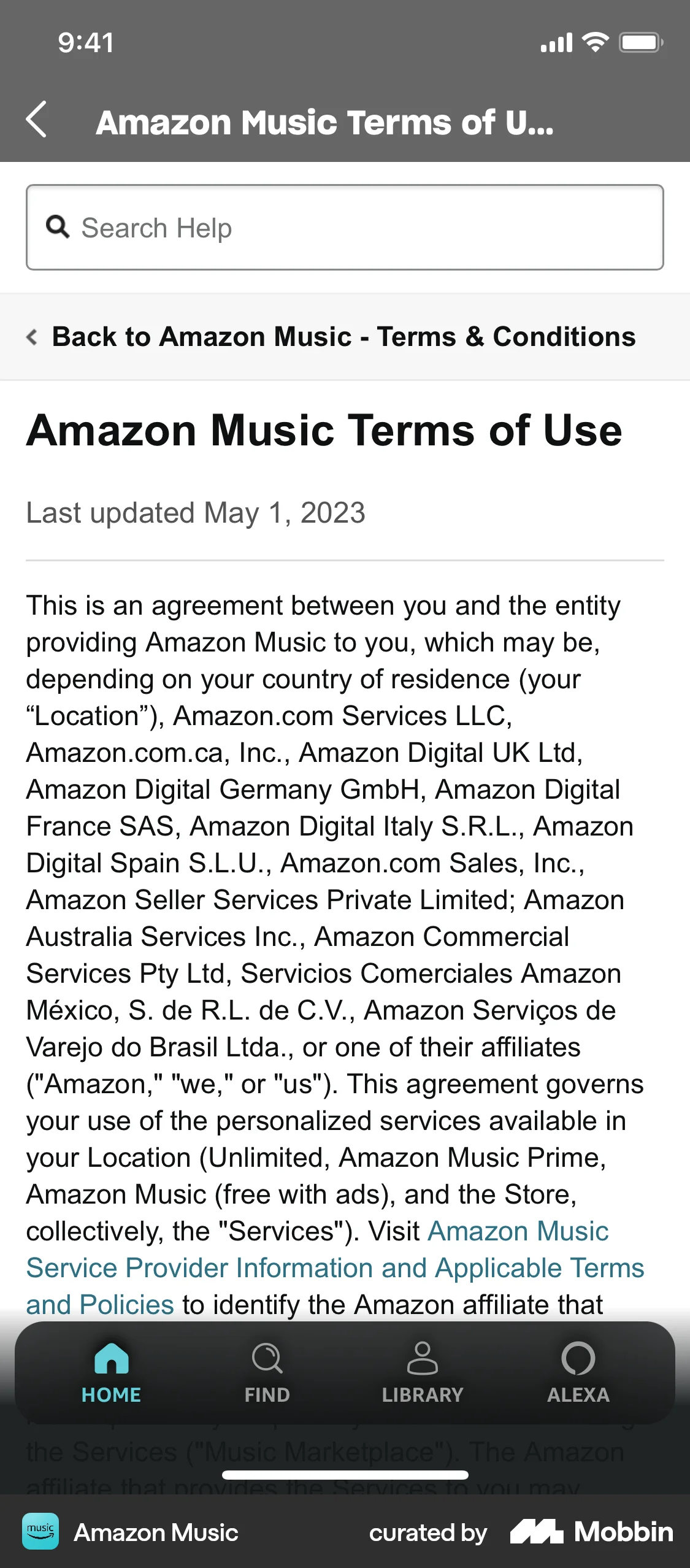 Amazon Music iOS Terms & Conditions screen