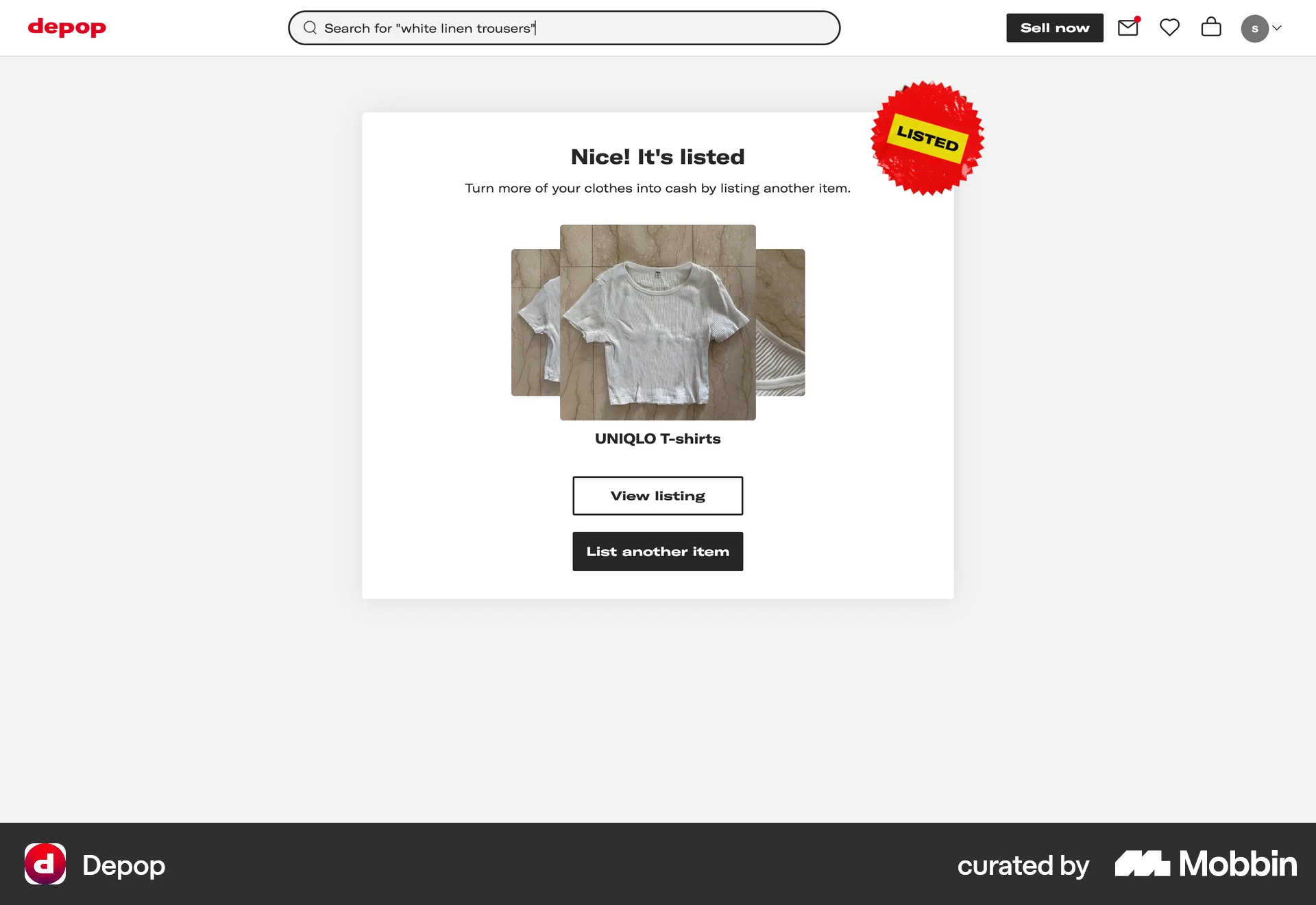 Depop Web Acknowledgement & Success screen