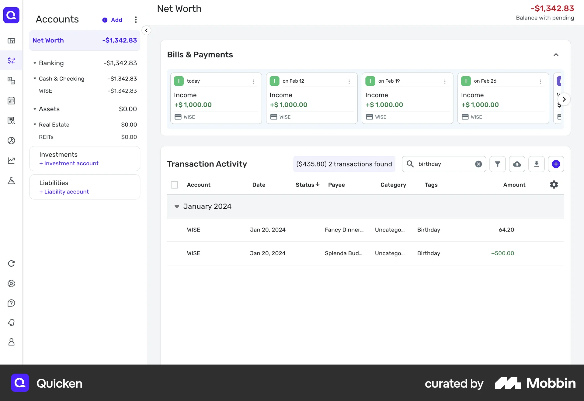 Quicken Web Log Dashboard screen