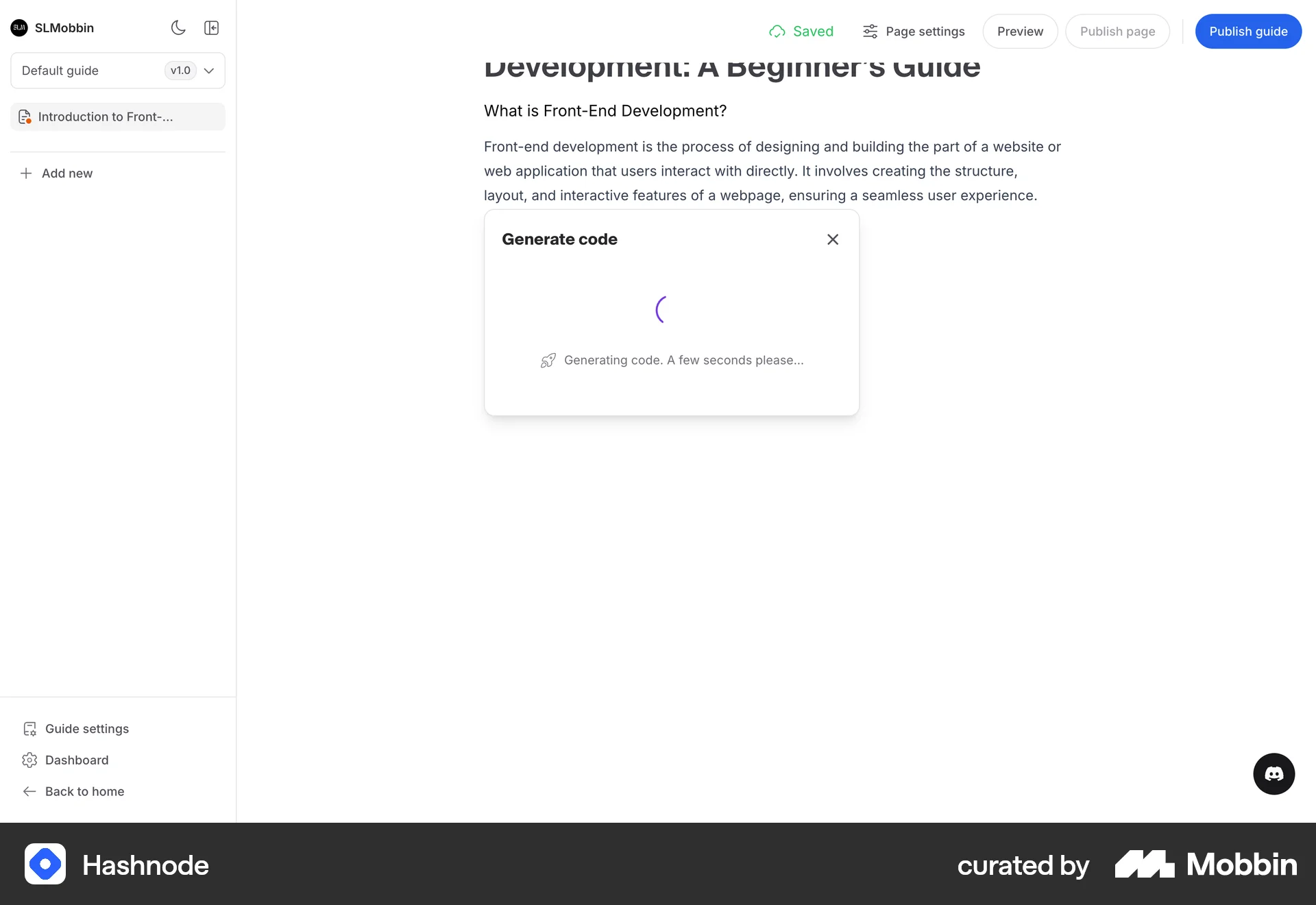 Hashnode Web screen containing Loading Indicator UI element