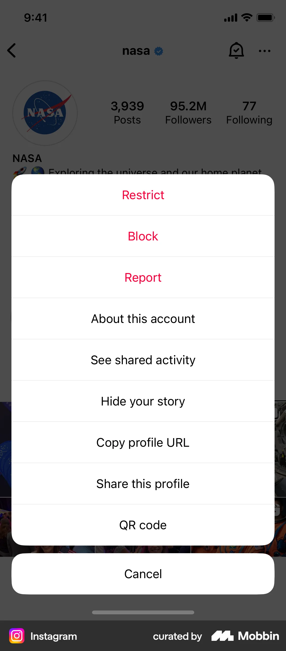 Instagram iOS screen containing Action Sheet UI element