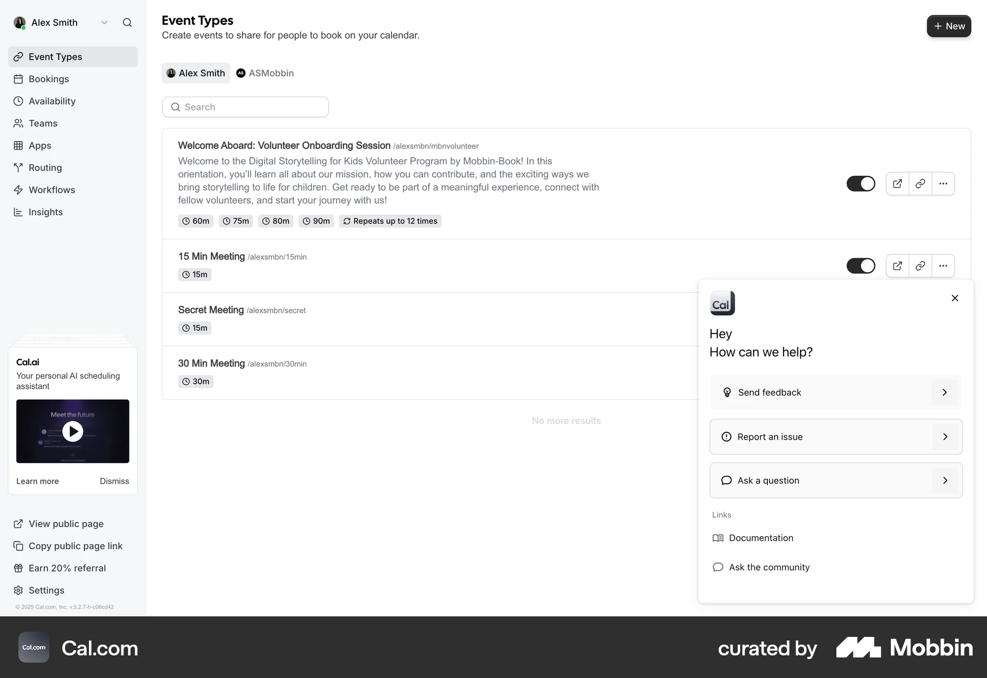 Cal.com Web Help & Support screen