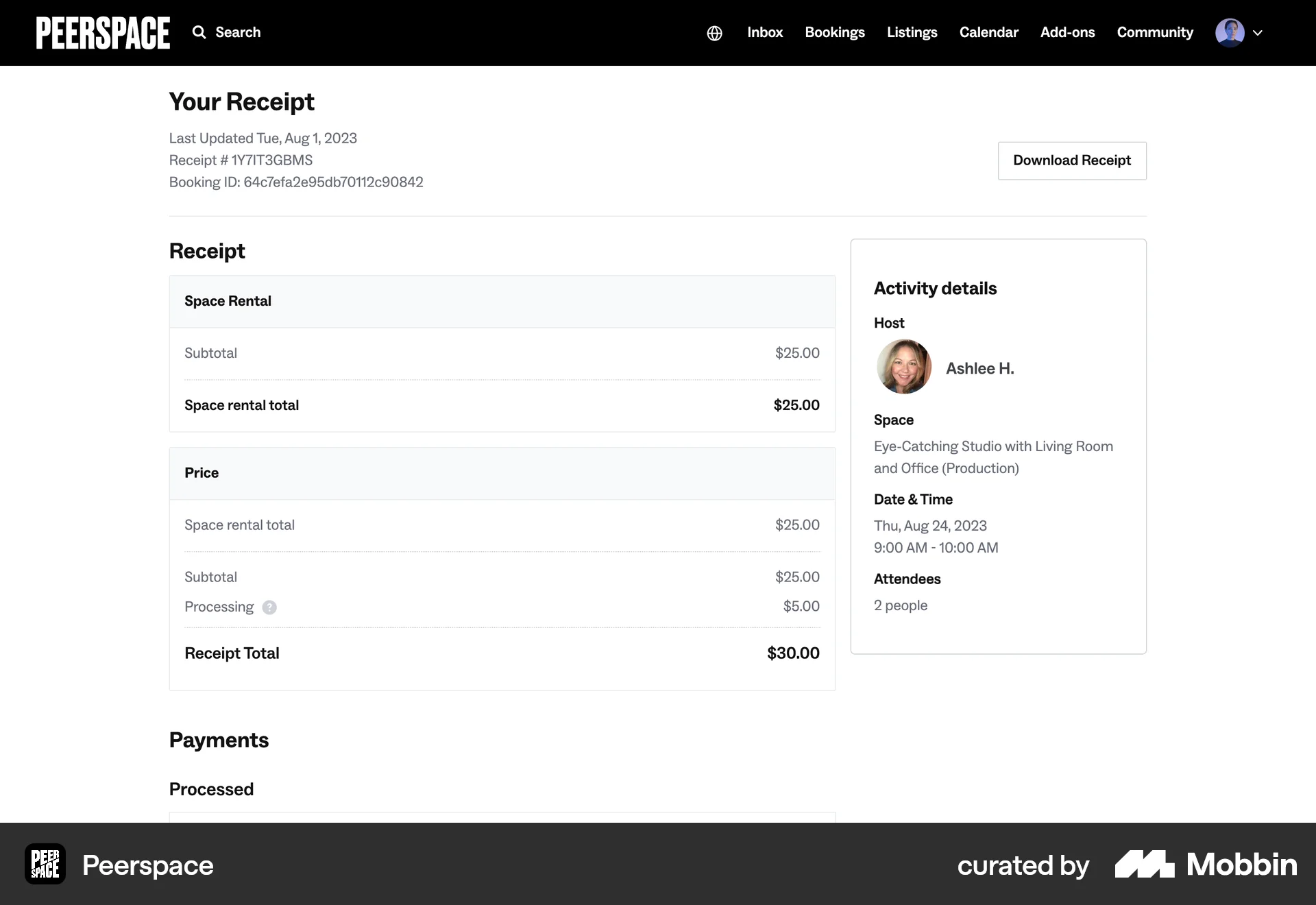 Peerspace Web Order History screen