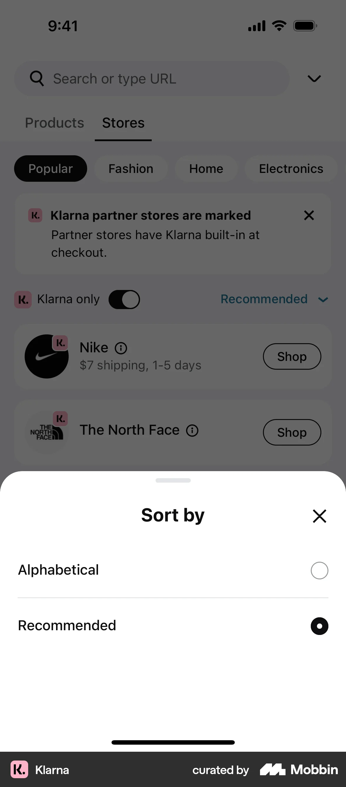 Klarna iOS screen containing Radio Button UI element