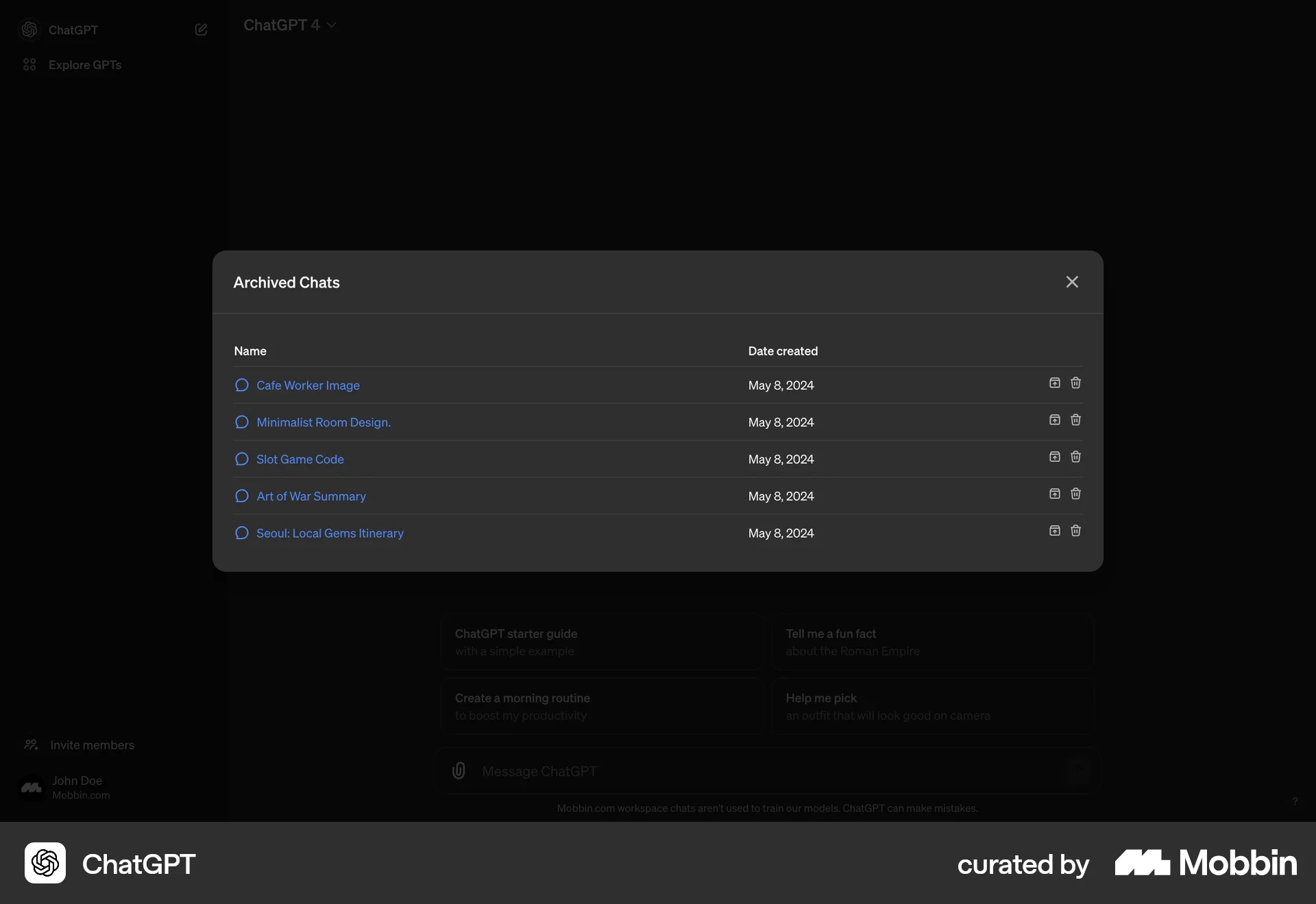ChatGPT Web Trash & Archive screen