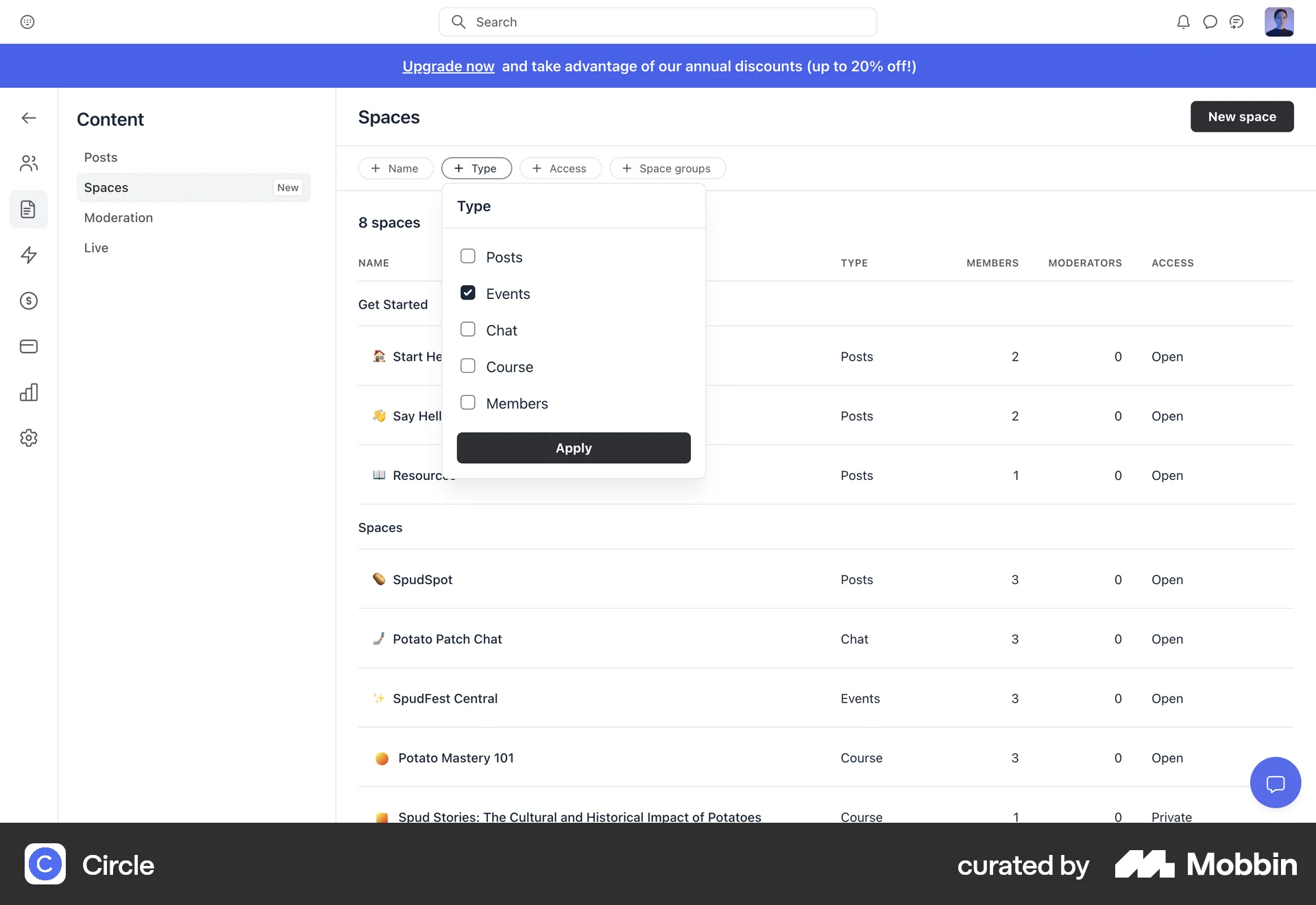 Circle Web Filter & Sort screen