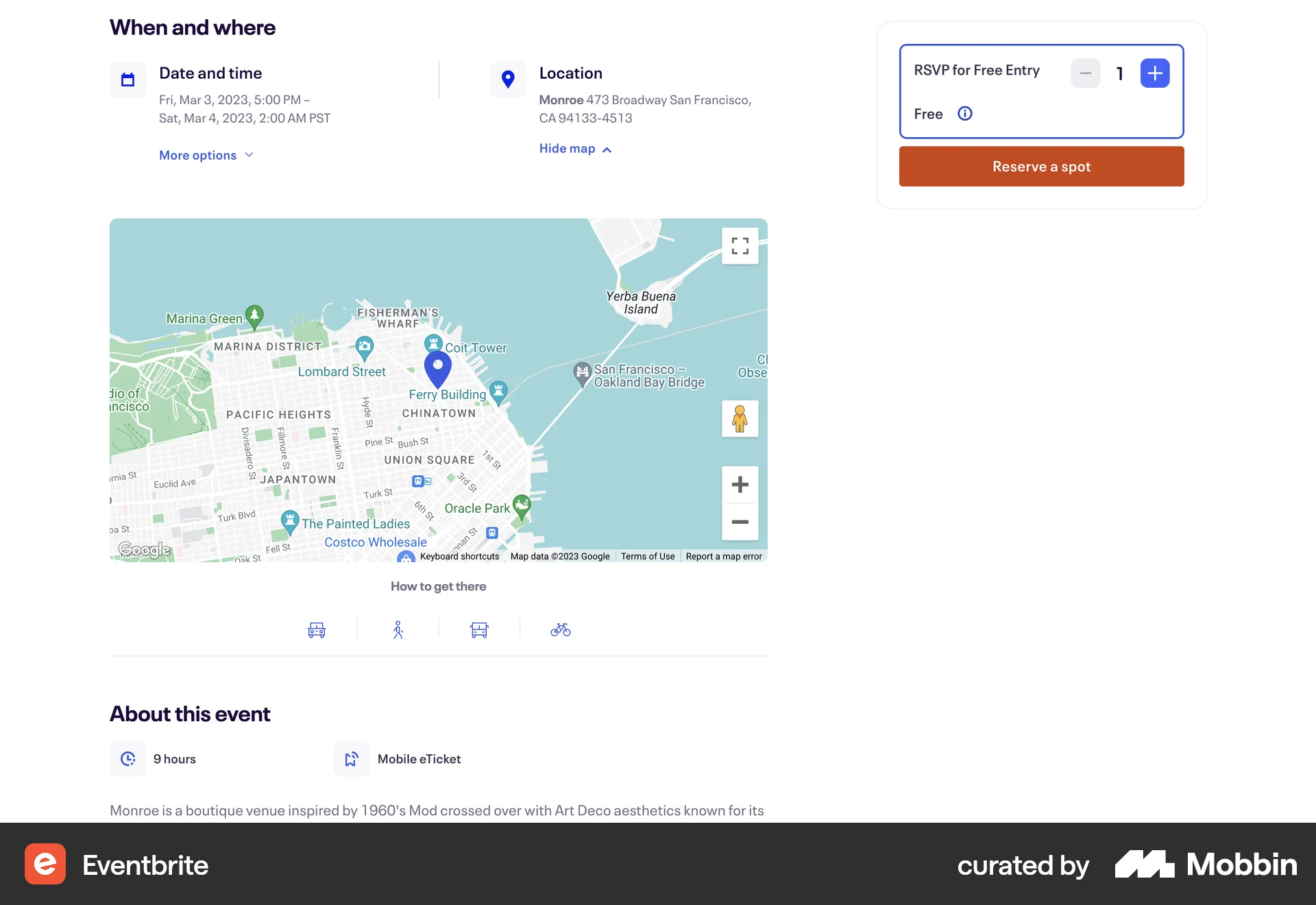 Eventbrite Web Map screen