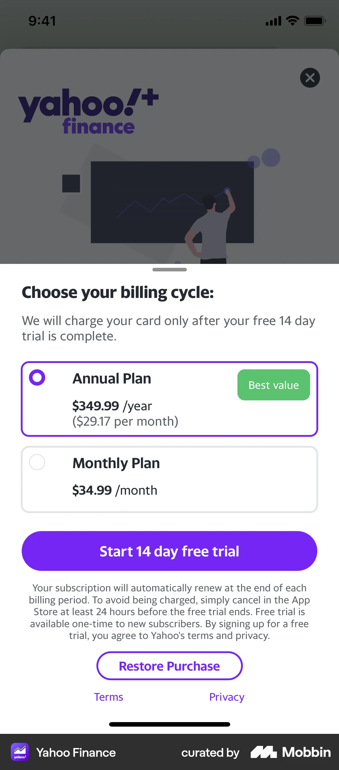 Yahoo Finance iOS screen containing Radio Button UI element
