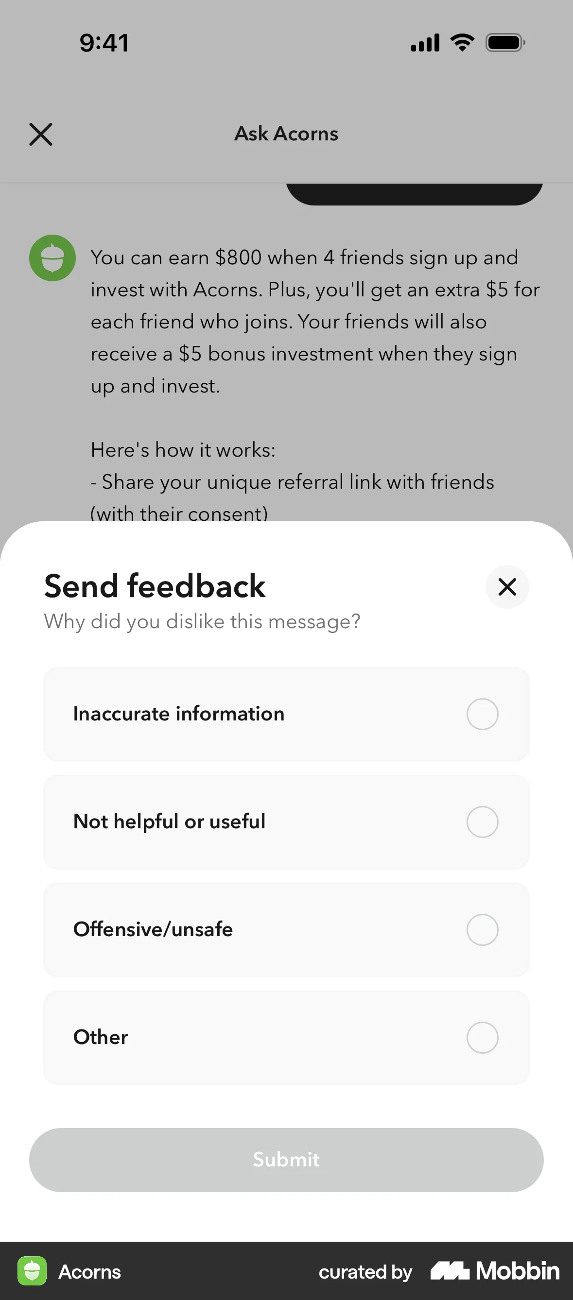 Acorns iOS Feedback screen