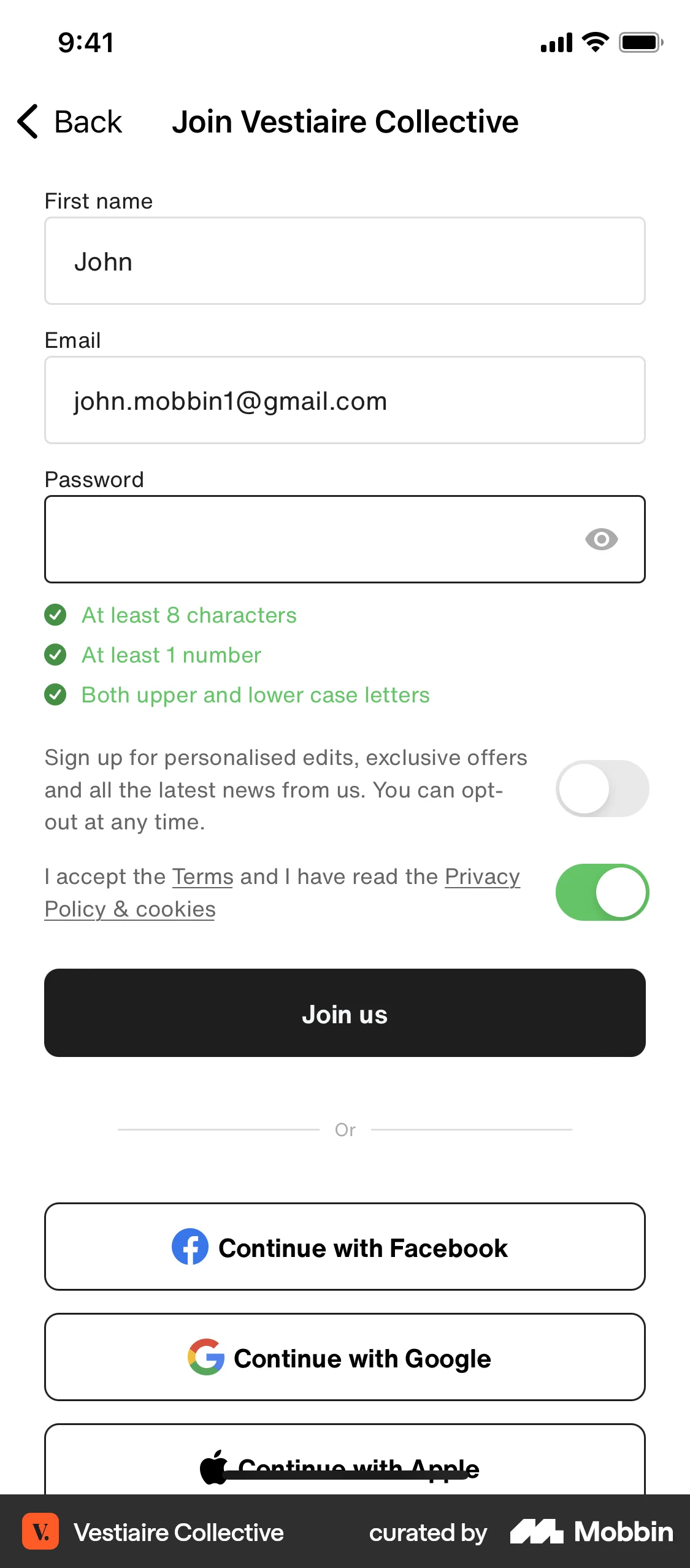 Vestiaire Collective iOS Signup screen
