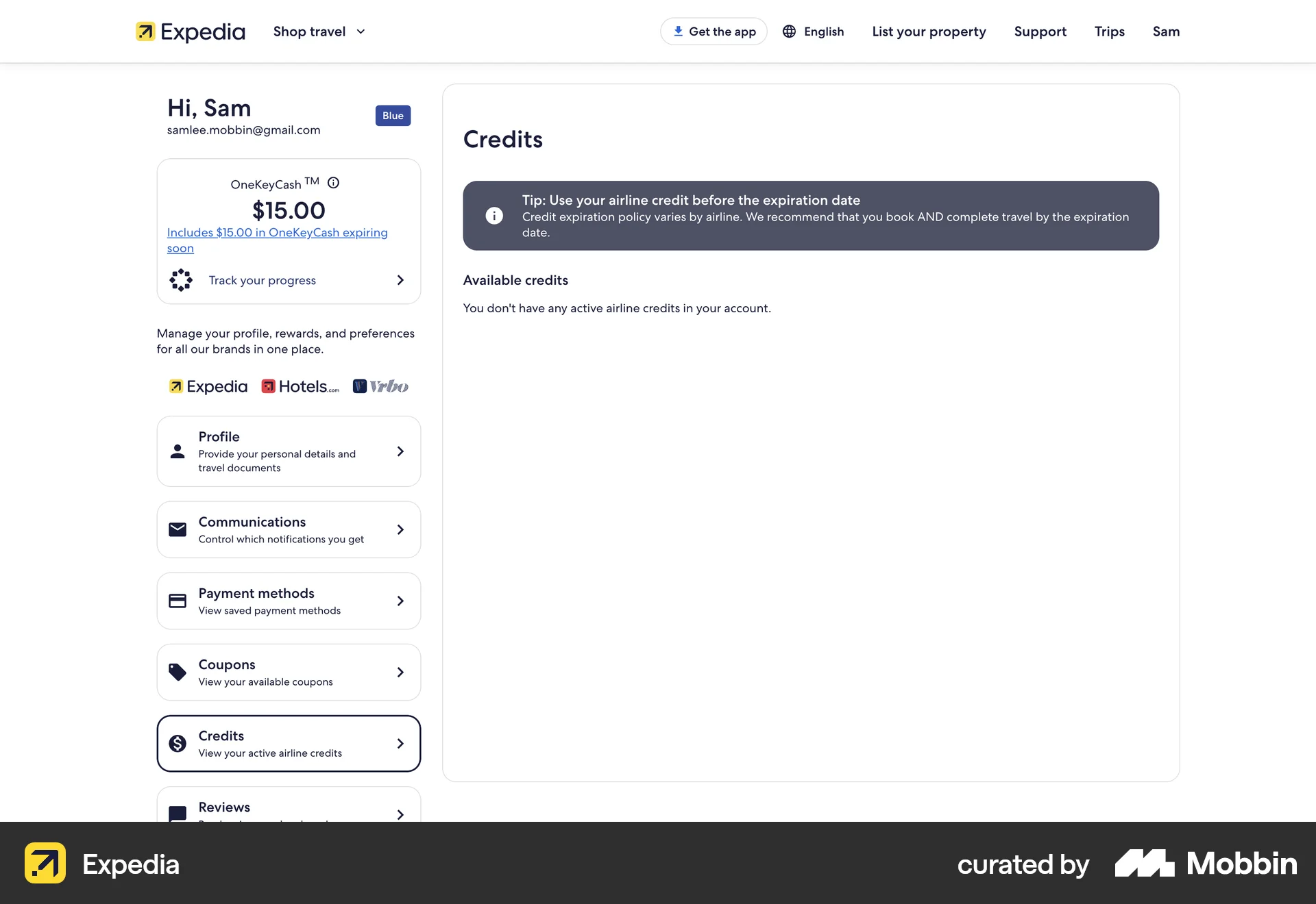 Expedia Web Wallet & Balance screen